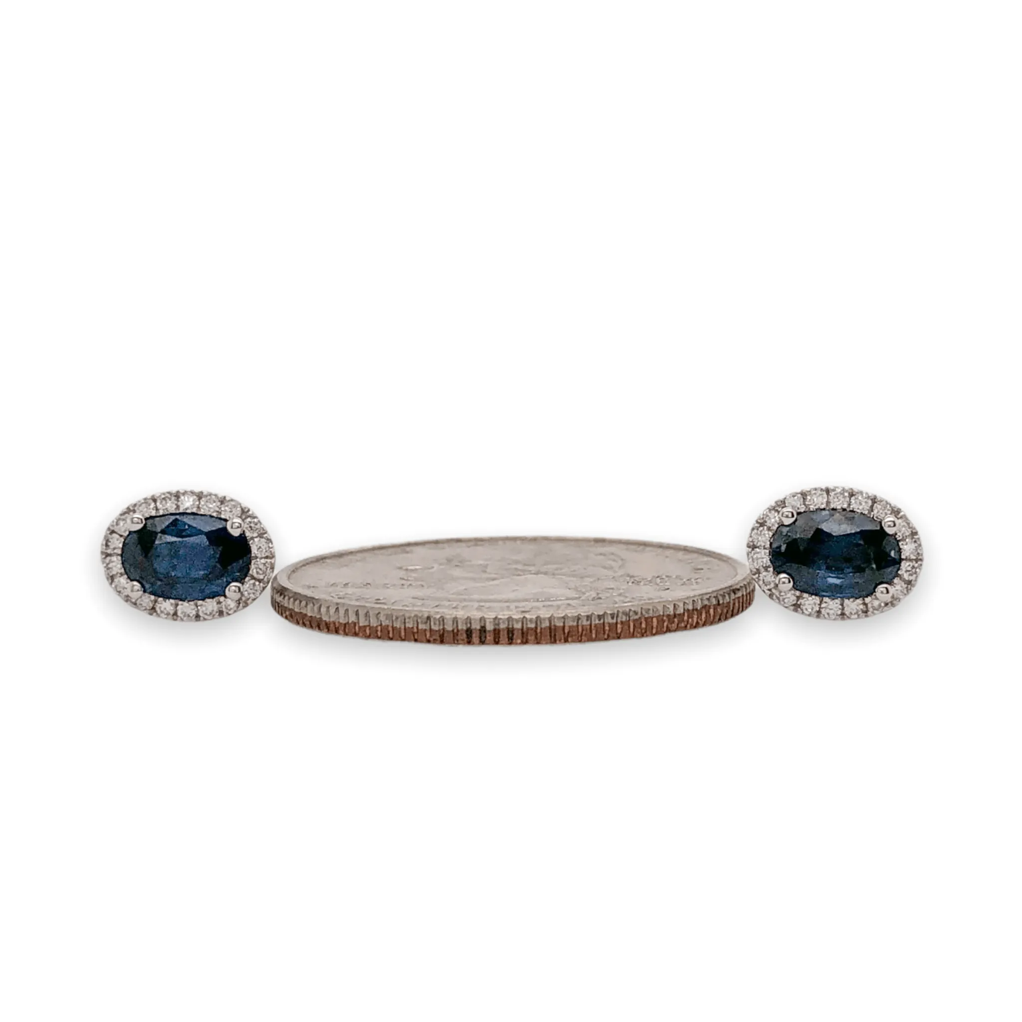 14K W Gold 1.22cttw Sapphire & 0.15cttw H/SI1-2 Diamond Halo Oval Stud Earrings