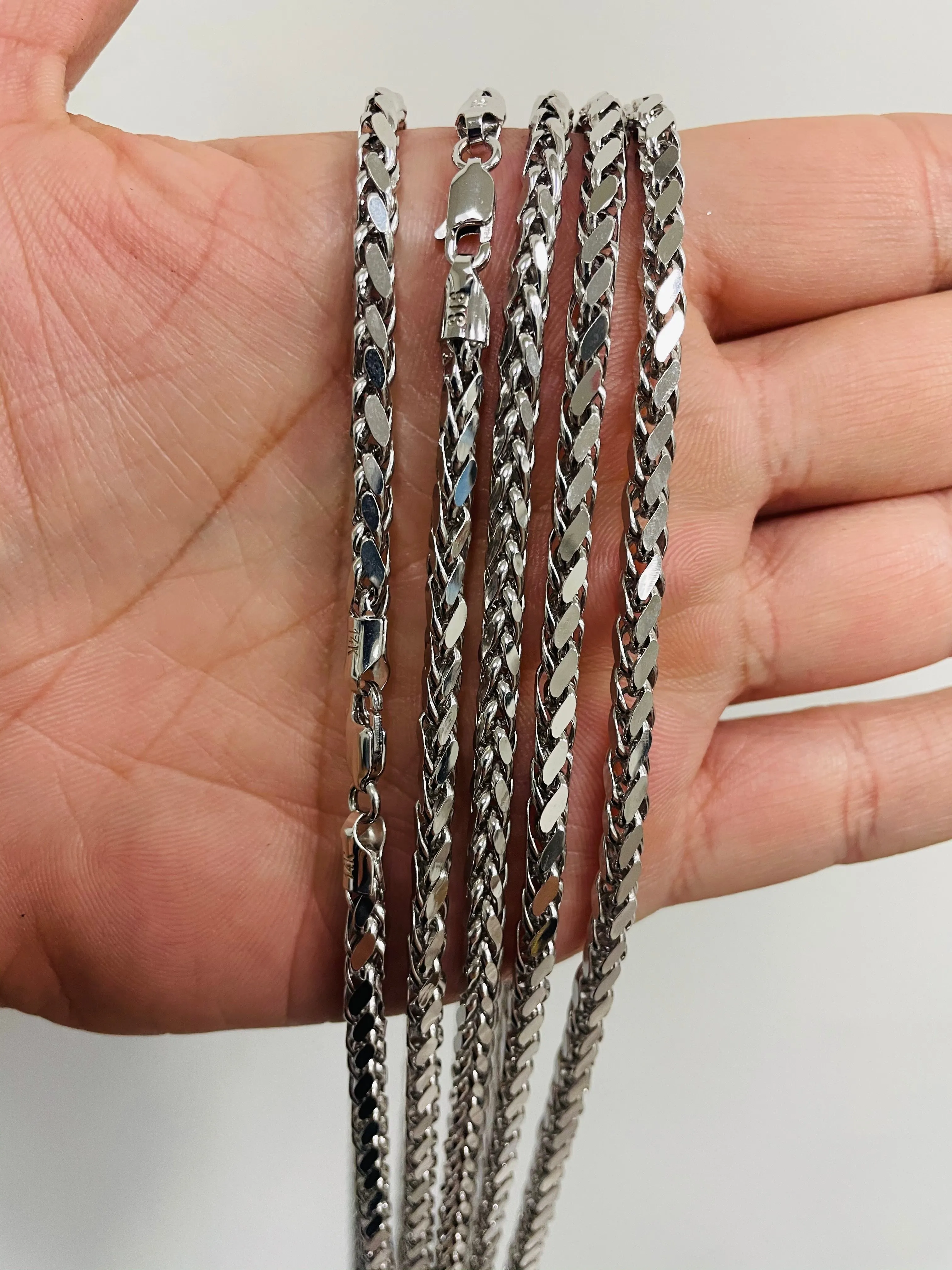 14k White Gold 3.5mm Hollow Square Braided D/C Wheat Chain Necklace with Lobster Claw Clasp (Diamond-Cut)