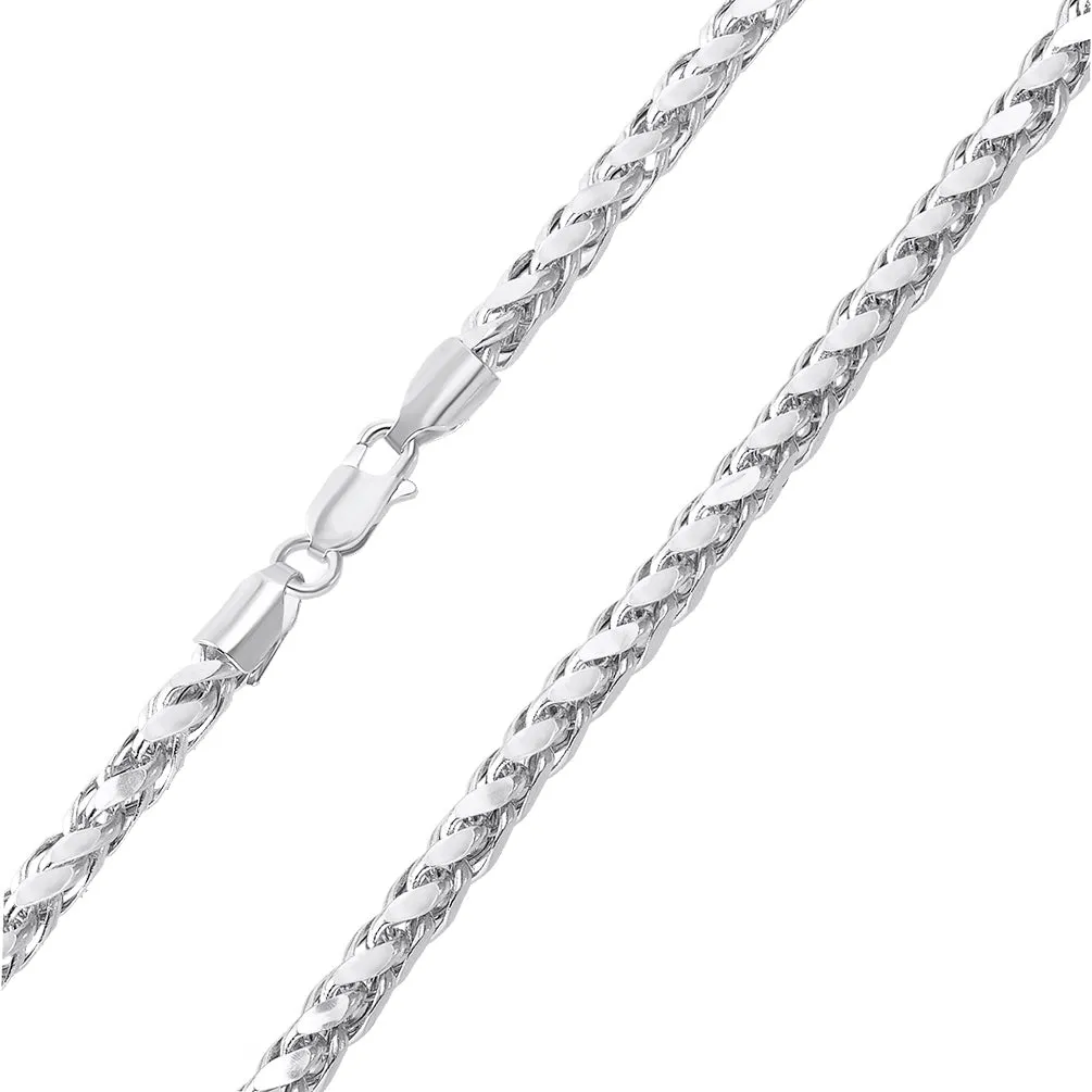 14k White Gold 3.5mm Hollow Square Braided D/C Wheat Chain Necklace with Lobster Claw Clasp (Diamond-Cut)
