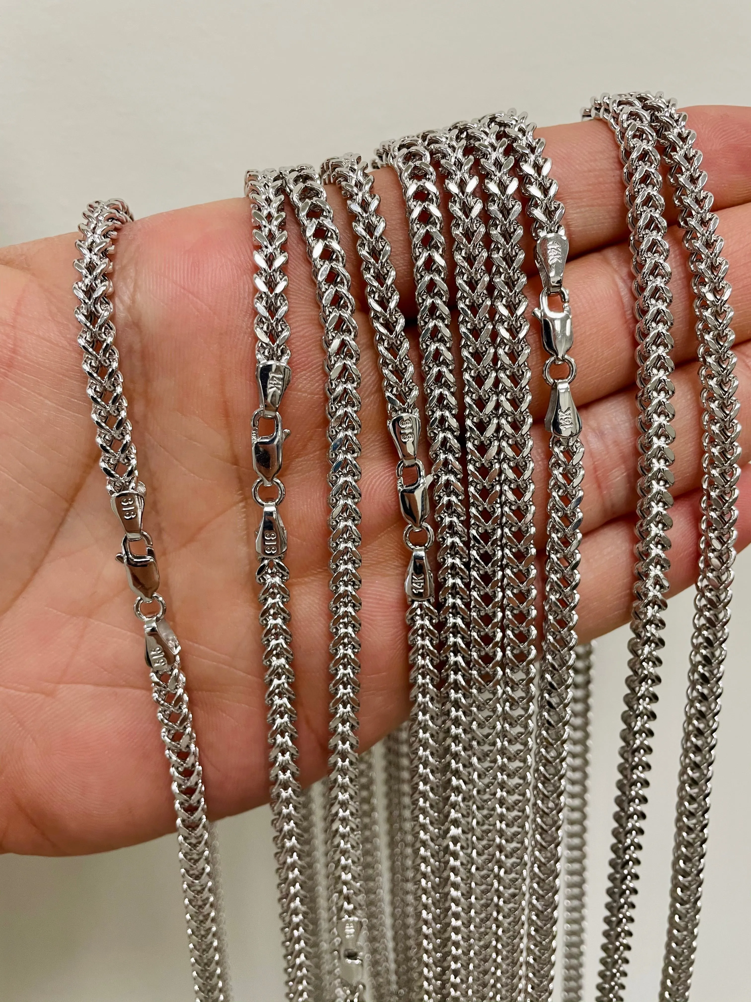 14k White Gold 4mm Hollow Square D/C Franco Chain Necklace with Lobster Claw Clasp