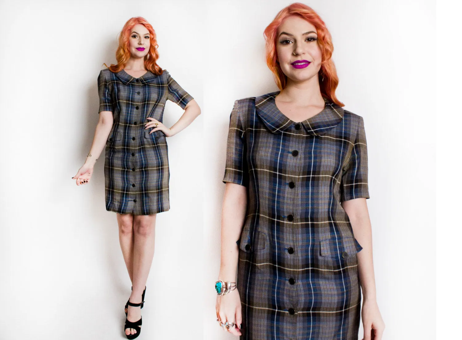 1980s CHLOE Shirt Front Dress Blue Plaid S