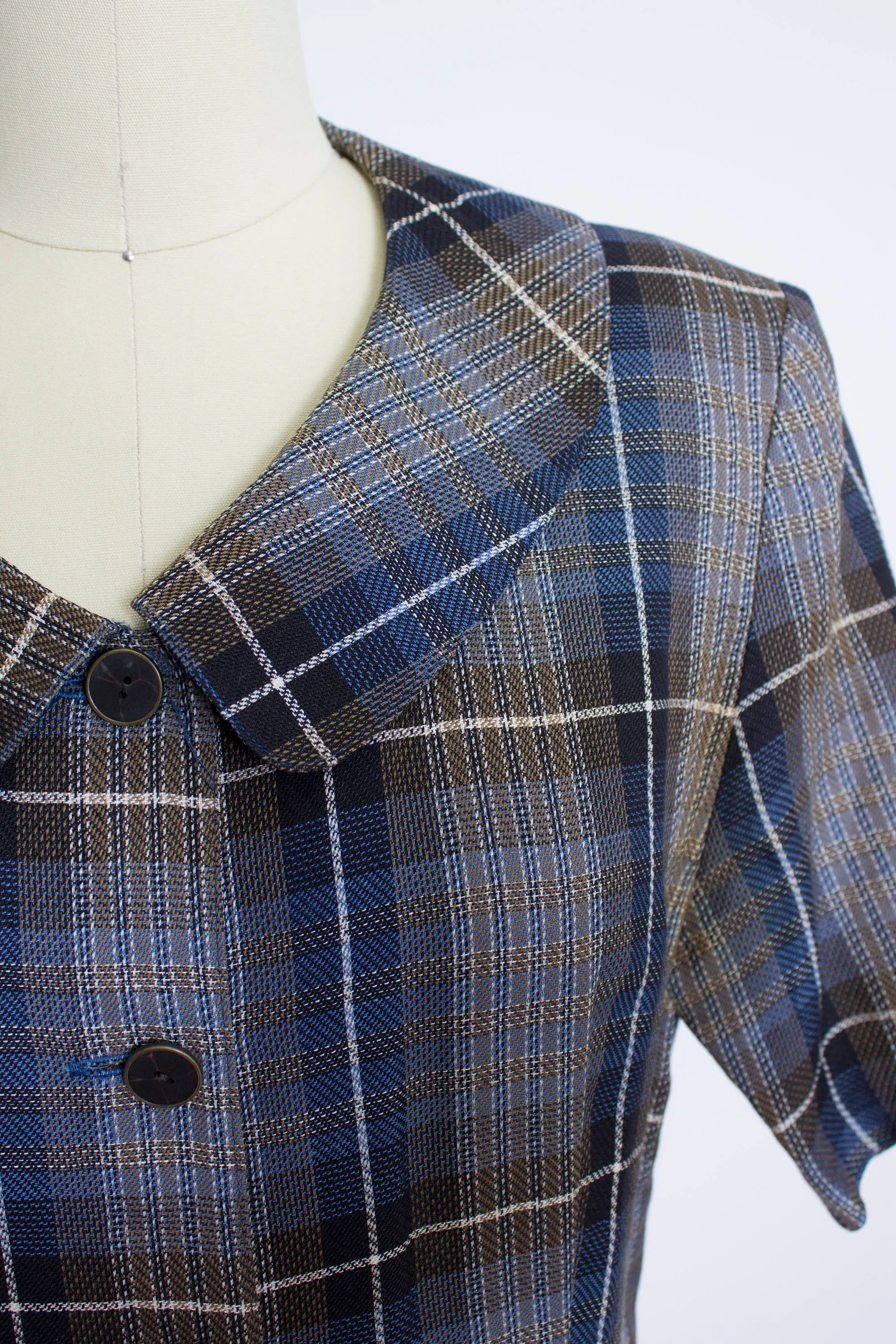 1980s CHLOE Shirt Front Dress Blue Plaid S