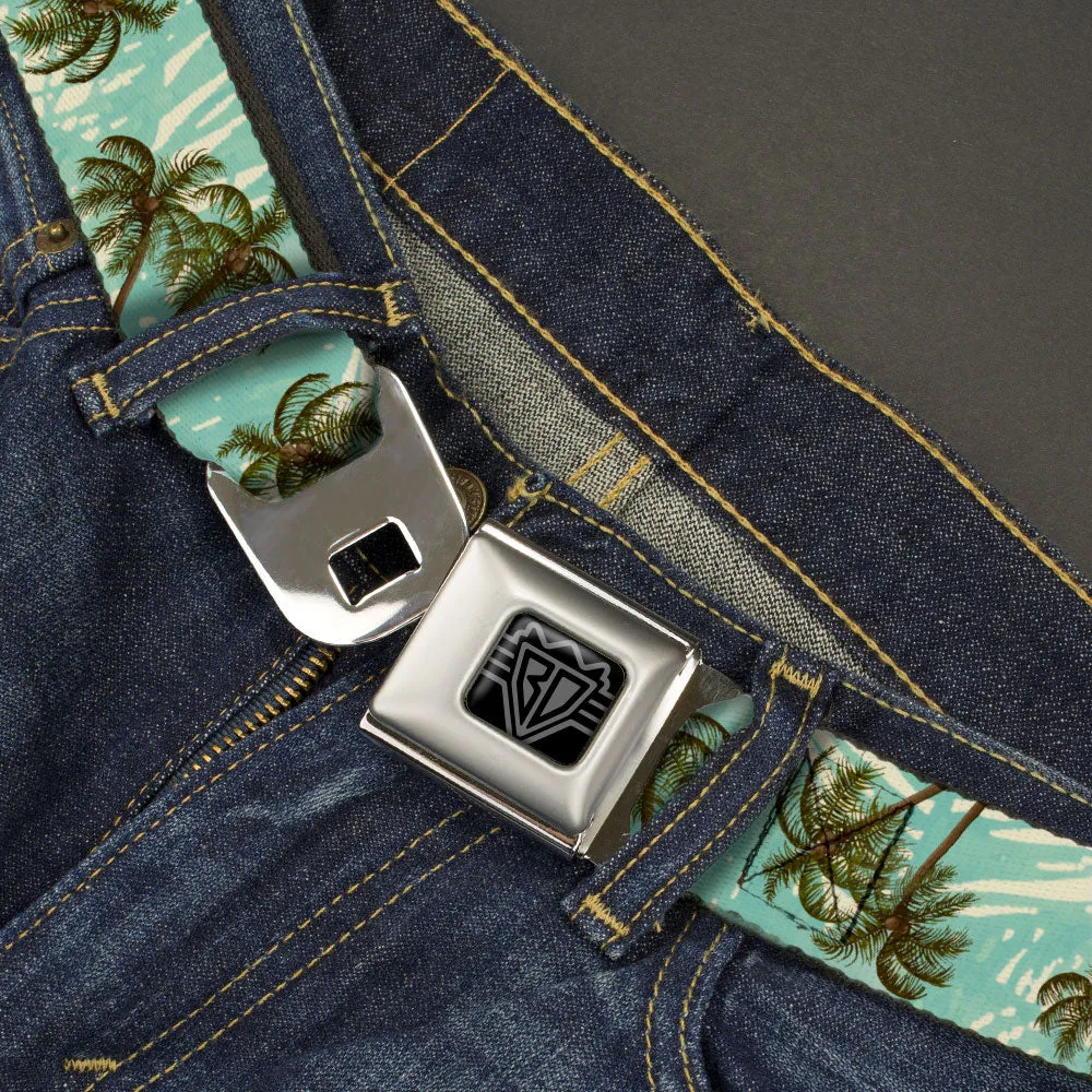 BD Wings Logo CLOSE-UP Black/Silver Seatbelt Belt - Palm Trees Swaying Tan/Teal Webbing