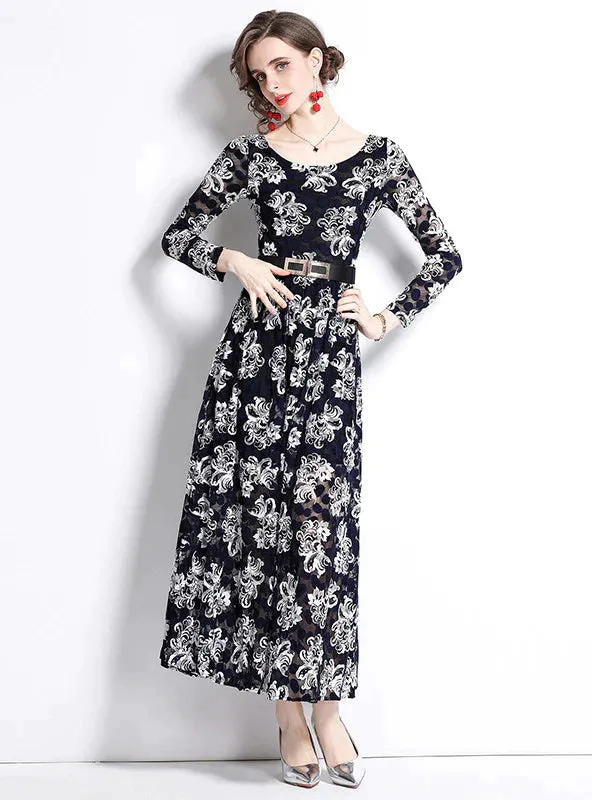 BerryBetty - Black Women Lace Long Sleeve Dress
