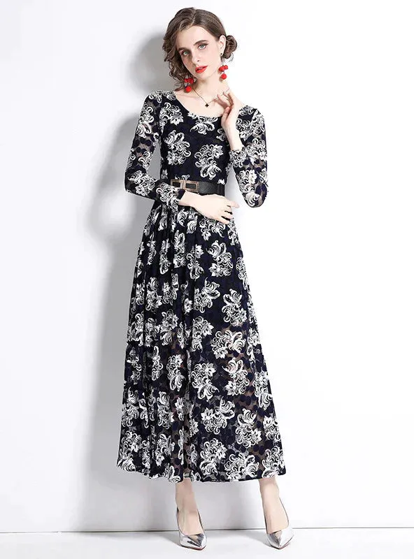 BerryBetty - Black Women Lace Long Sleeve Dress