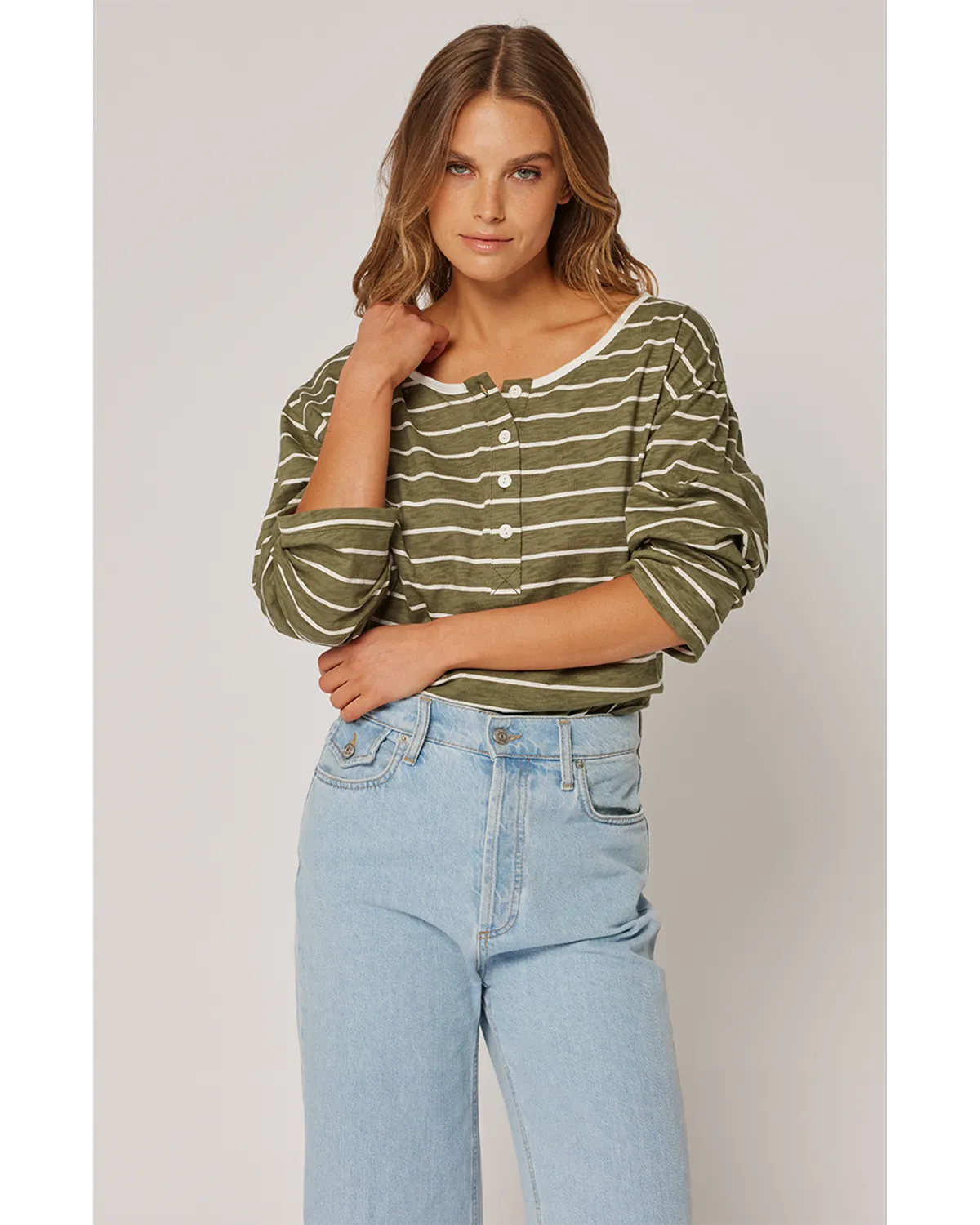 Cartel & Willow Henley Long Sleeve - Khaki Stripe