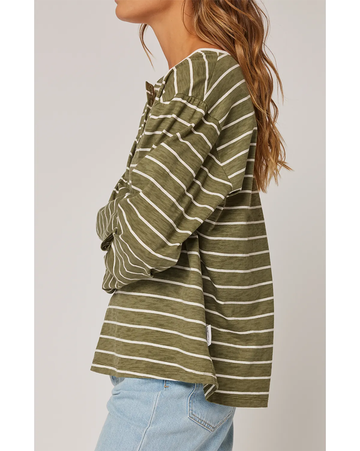 Cartel & Willow Henley Long Sleeve - Khaki Stripe