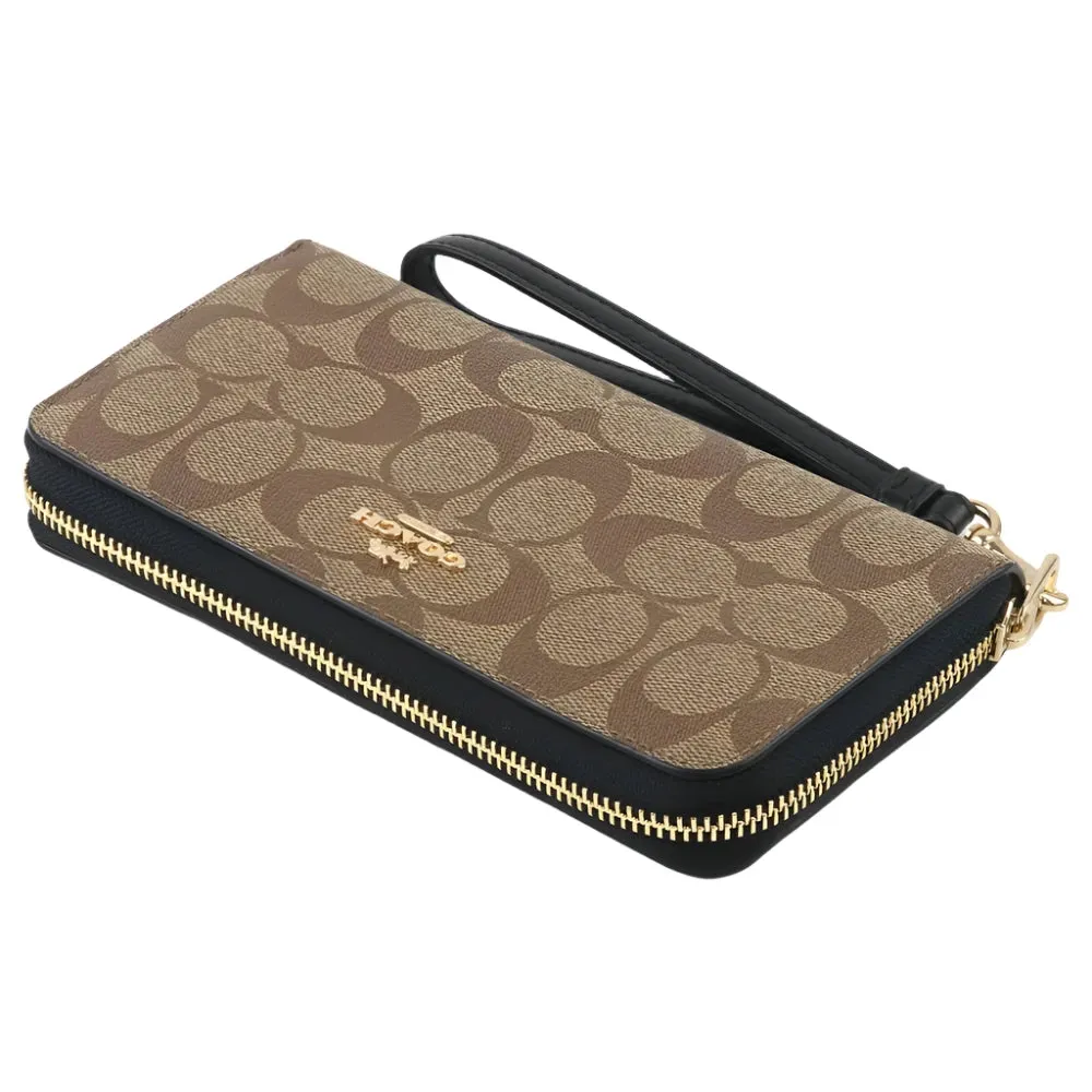 Coach Long Zip Around Wallet In Signature Canvas Khaki/Black