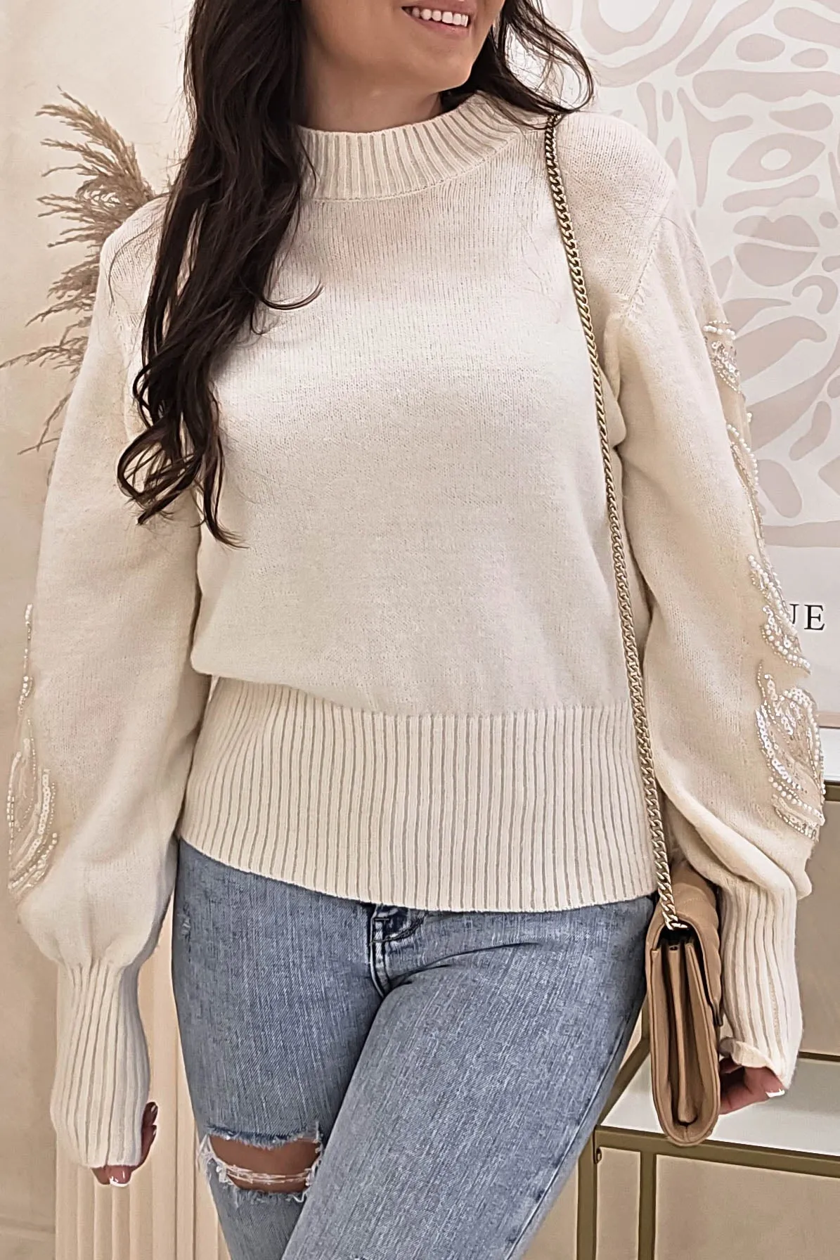 Elouise Cosy Embellished Arm Jumper | Cream