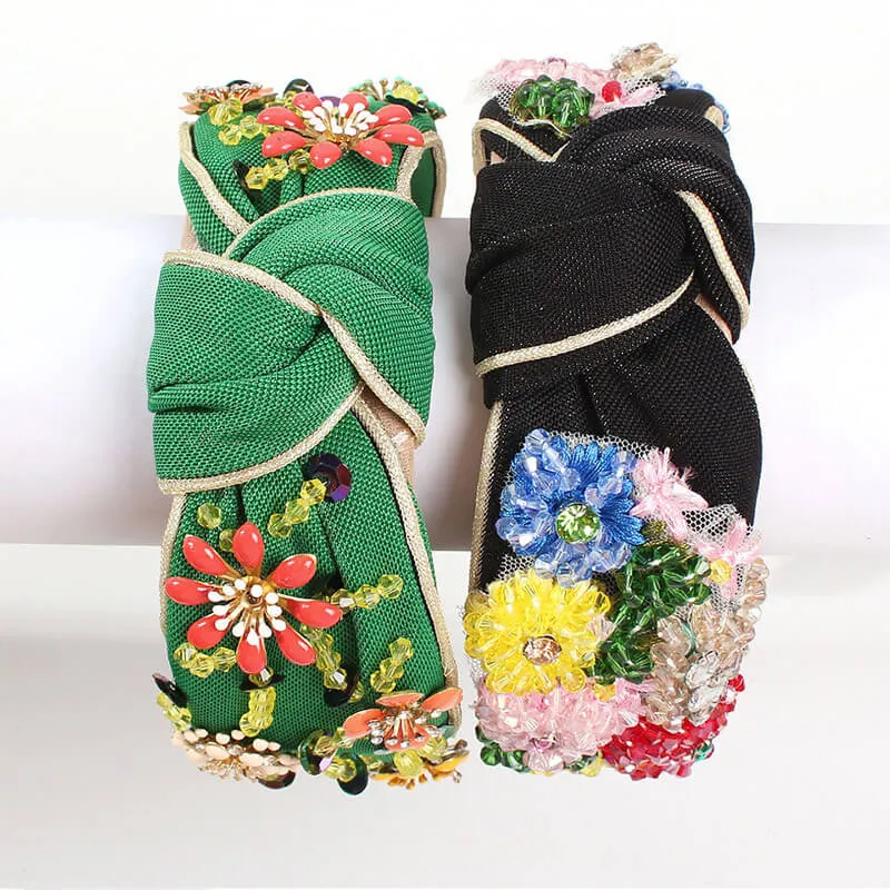 Fabulous Flower Beaded Embellished Knotted Hair Band - Green