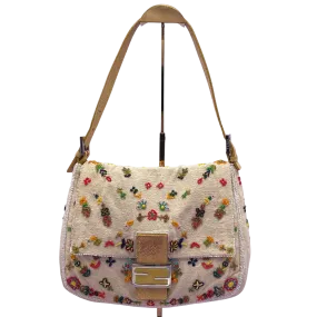 Fendi Mamma Baguette Linen Beaded Ecru