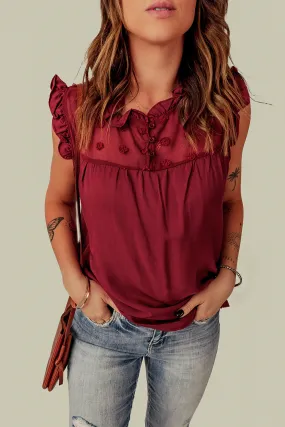 Fiery Red Ruffled Swiss Dot Mesh Yoke Tank Top
