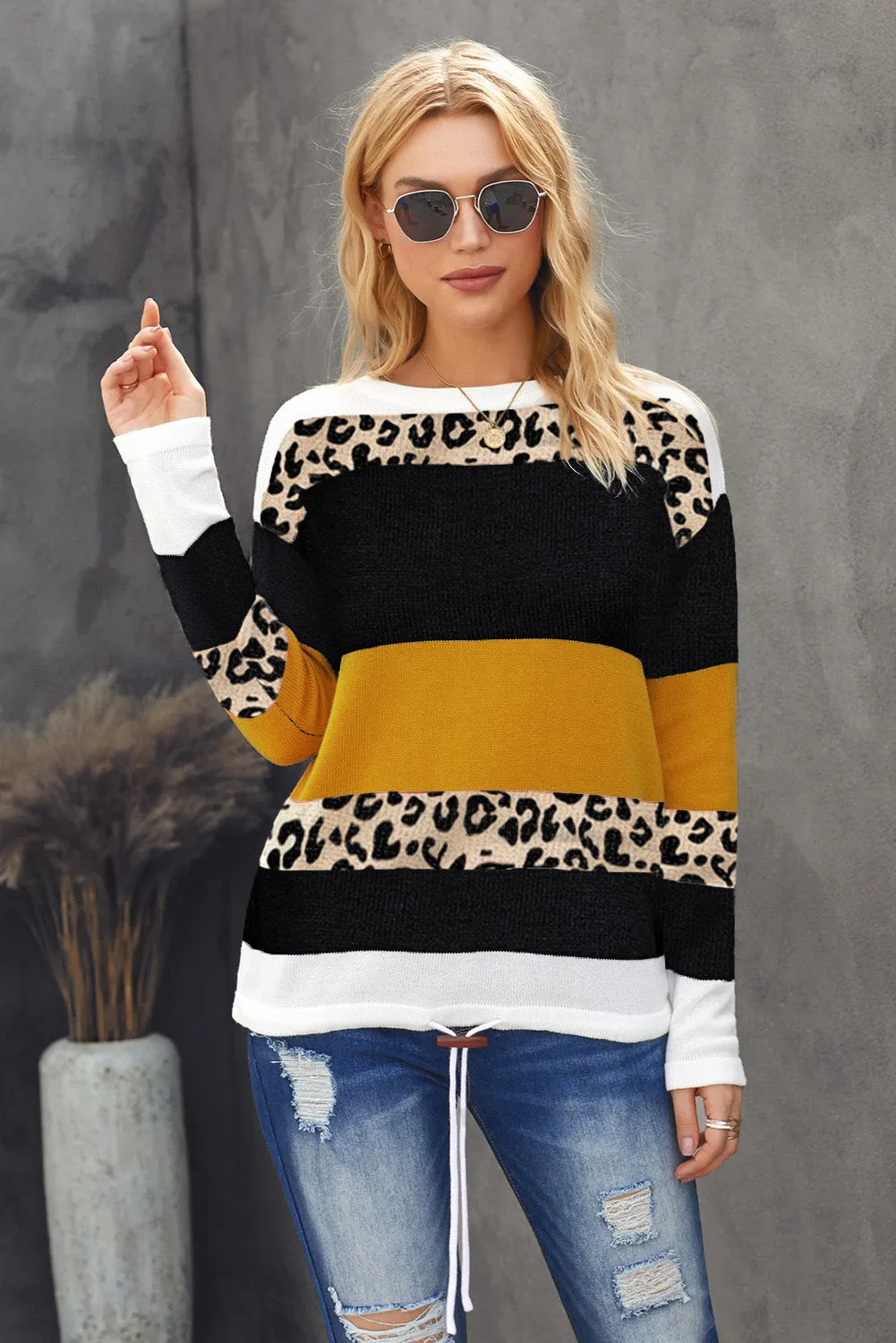 Green Crewneck Leopard Color Block Knit Pullover Sweater
