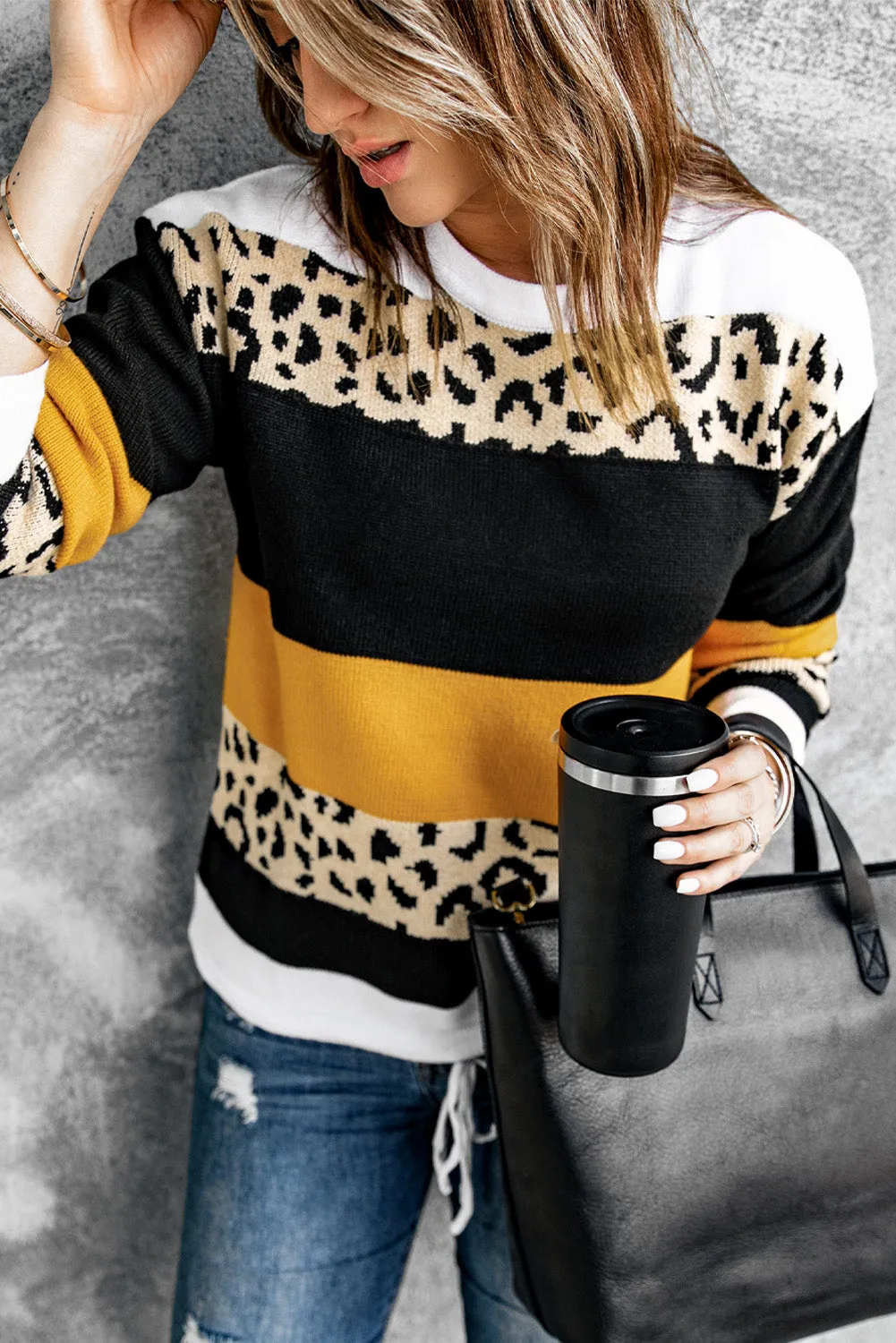 Green Crewneck Leopard Color Block Knit Pullover Sweater