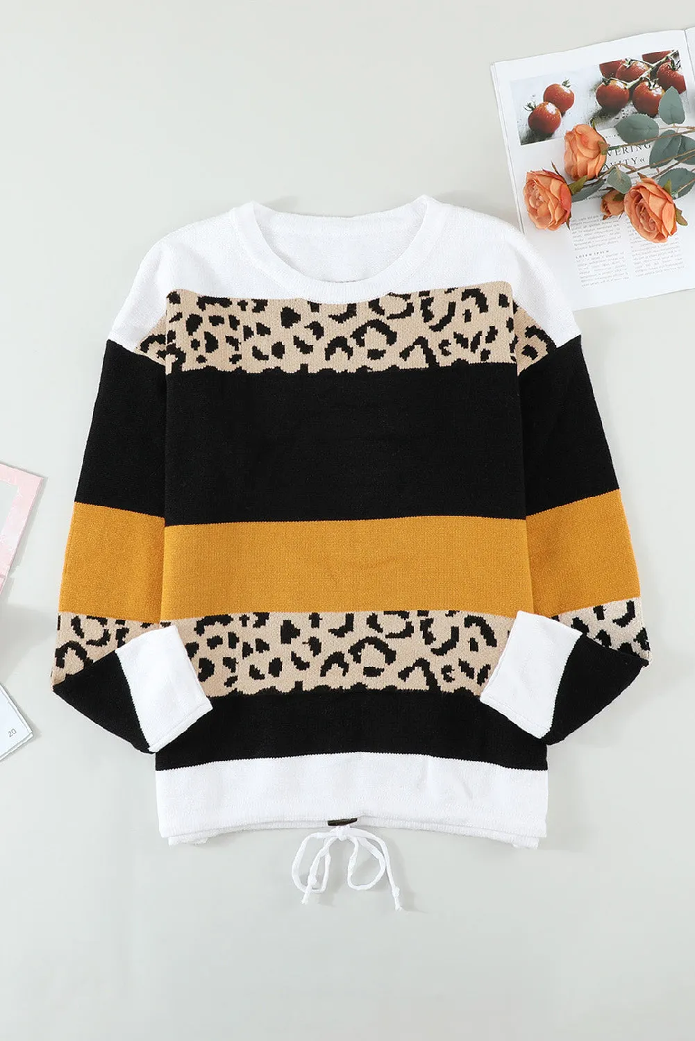 Green Crewneck Leopard Color Block Knit Pullover Sweater