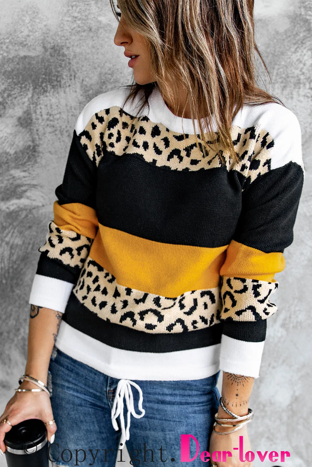 Green Crewneck Leopard Color Block Knit Pullover Sweater