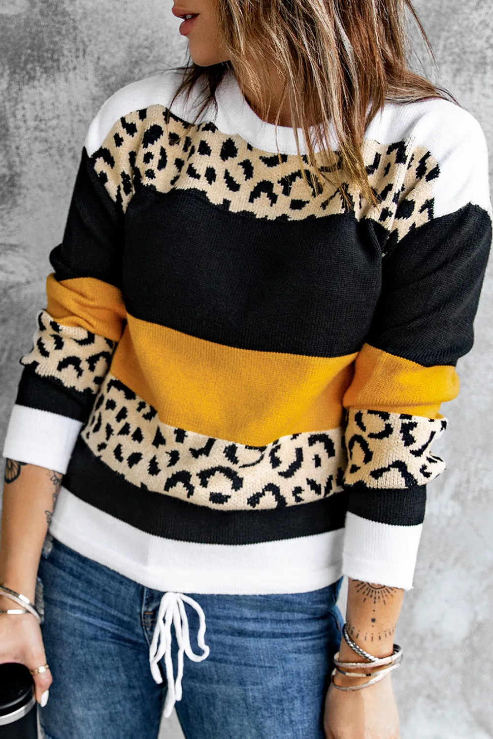 Green Crewneck Leopard Color Block Knit Pullover Sweater