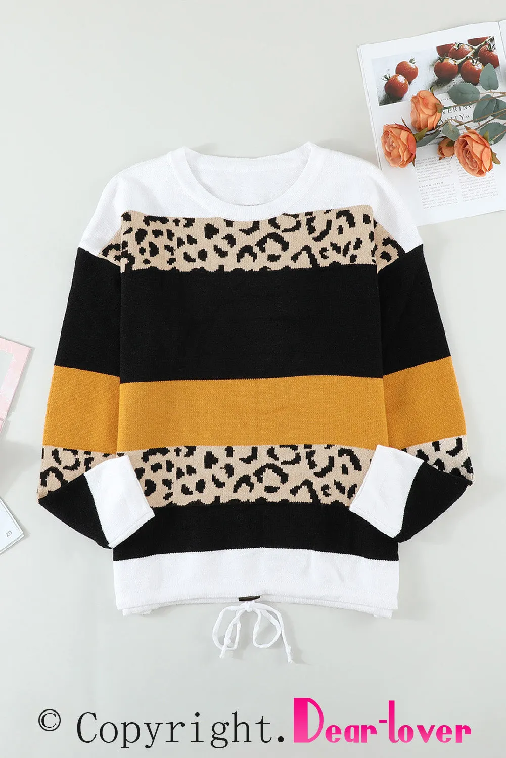 Green Crewneck Leopard Color Block Knit Pullover Sweater