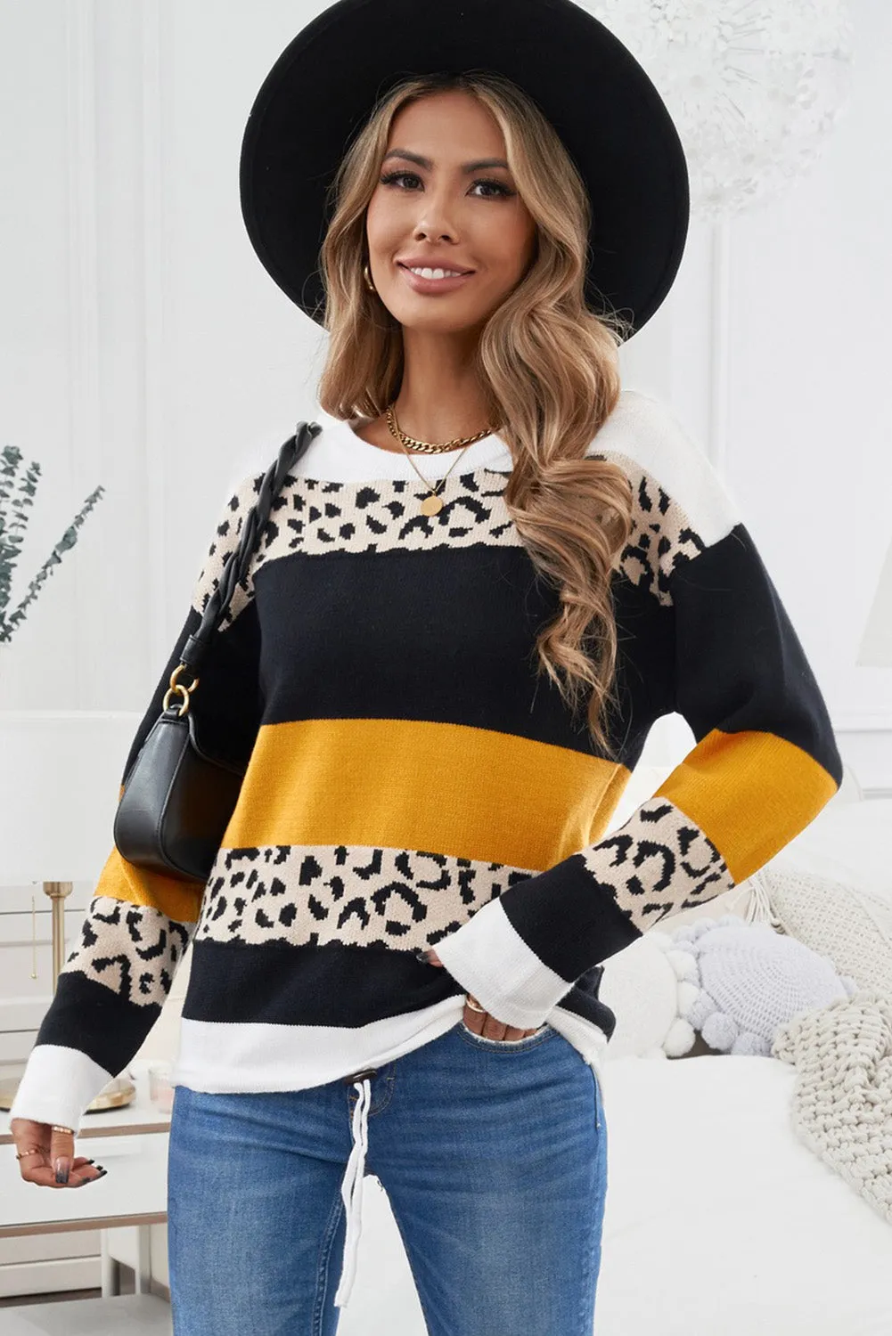 Green Crewneck Leopard Color Block Knit Pullover Sweater