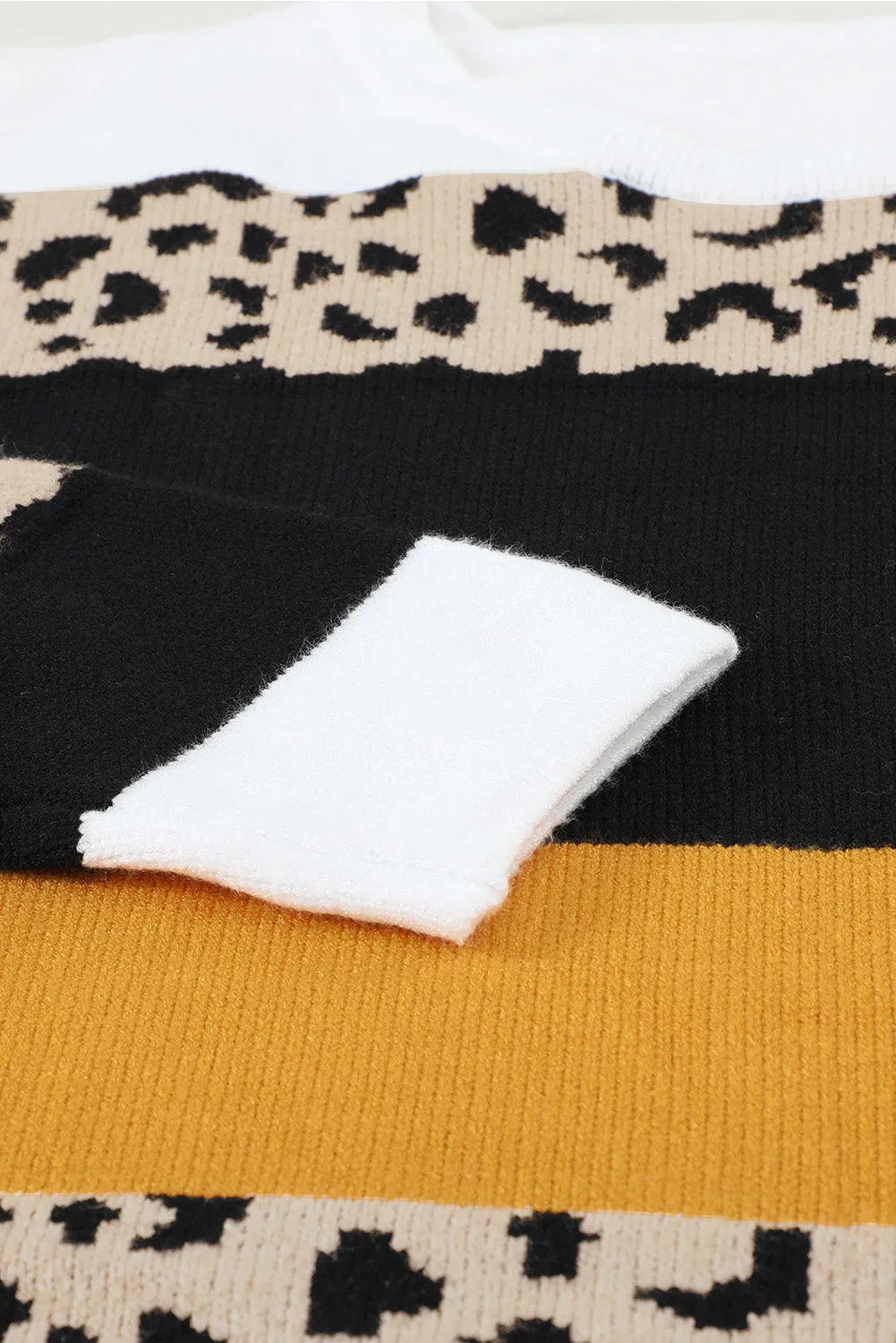 Green Crewneck Leopard Color Block Knit Pullover Sweater