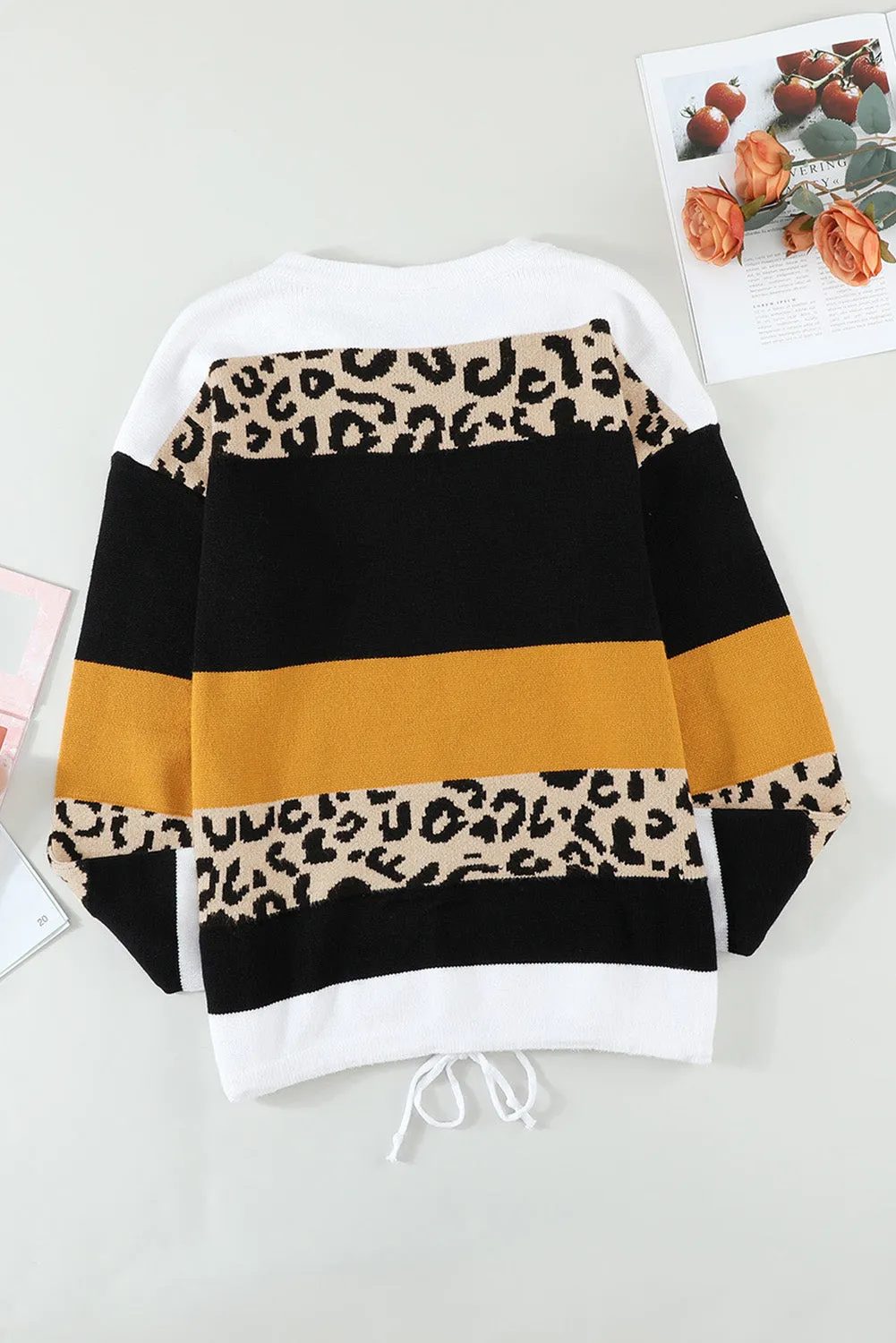 Green Crewneck Leopard Color Block Knit Pullover Sweater