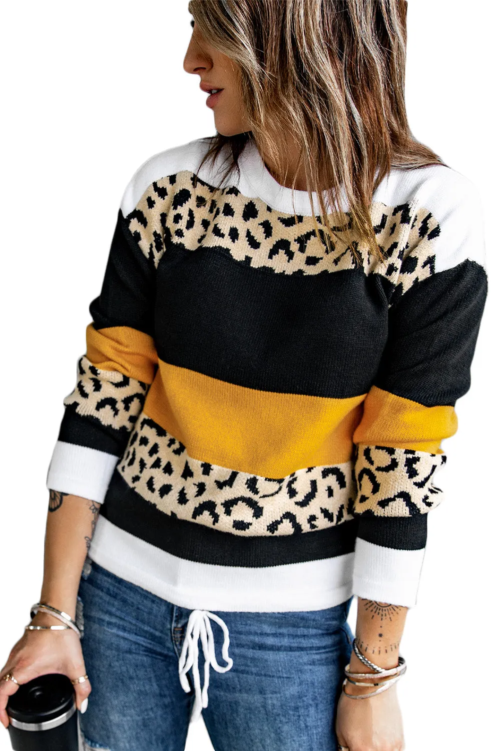 Green Crewneck Leopard Color Block Knit Pullover Sweater