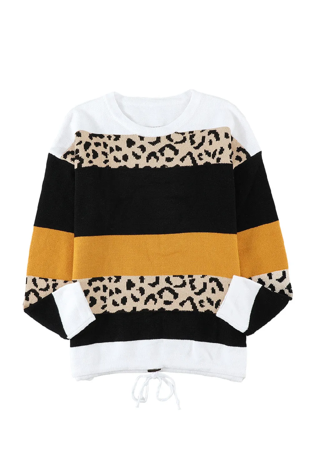 Green Crewneck Leopard Color Block Knit Pullover Sweater