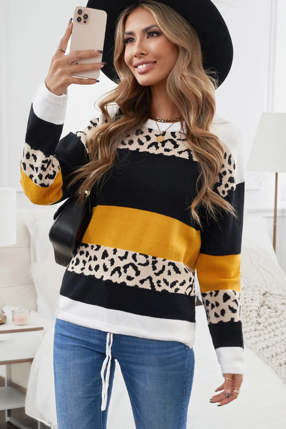 Green Crewneck Leopard Color Block Knit Pullover Sweater