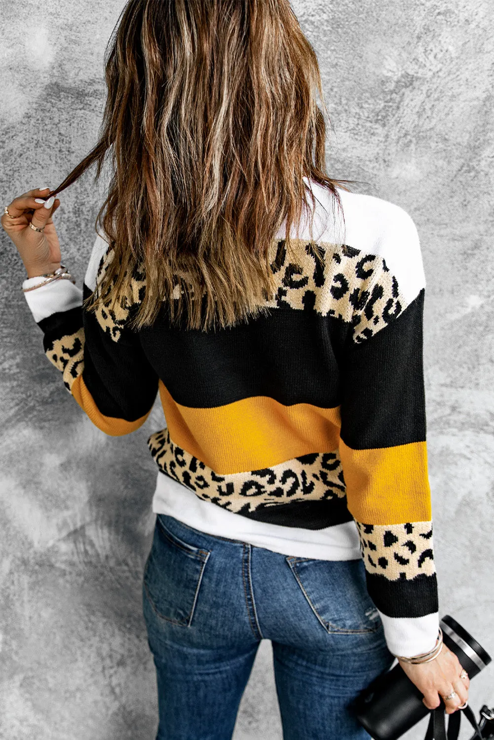 Green Crewneck Leopard Color Block Knit Pullover Sweater