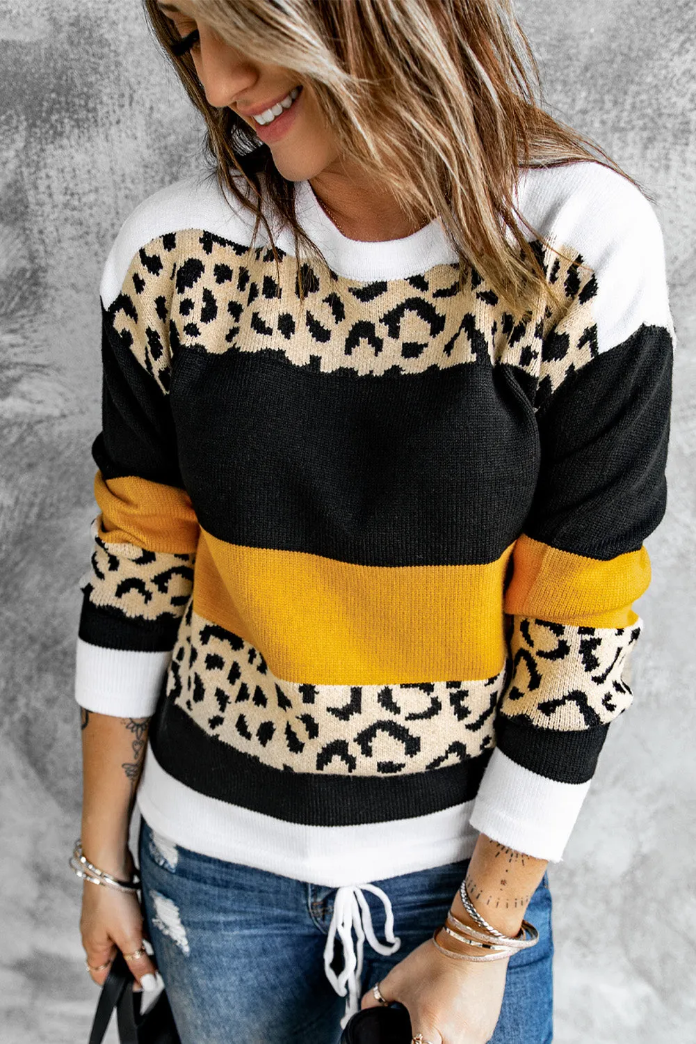 Green Crewneck Leopard Color Block Knit Pullover Sweater
