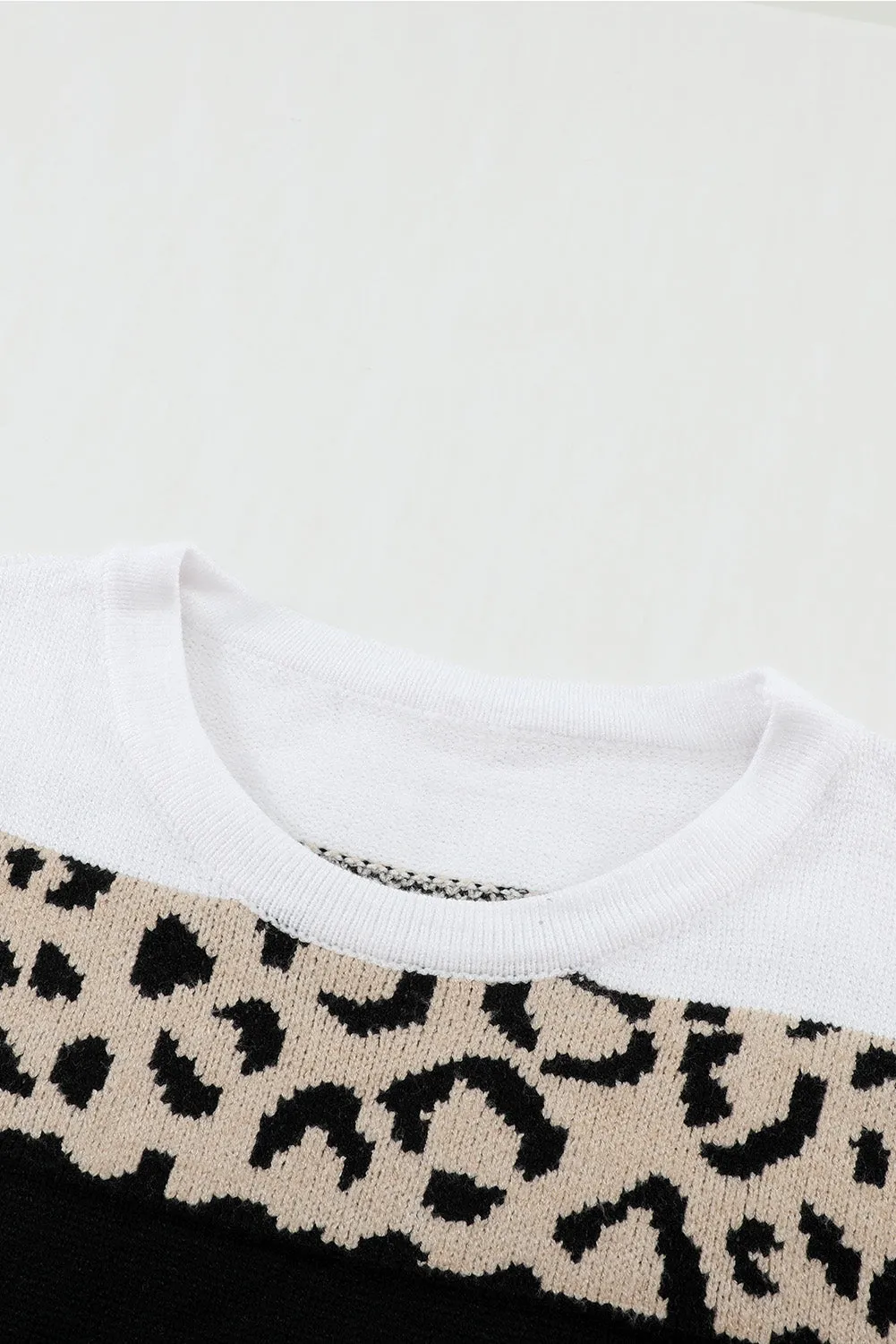 Green Crewneck Leopard Color Block Knit Pullover Sweater