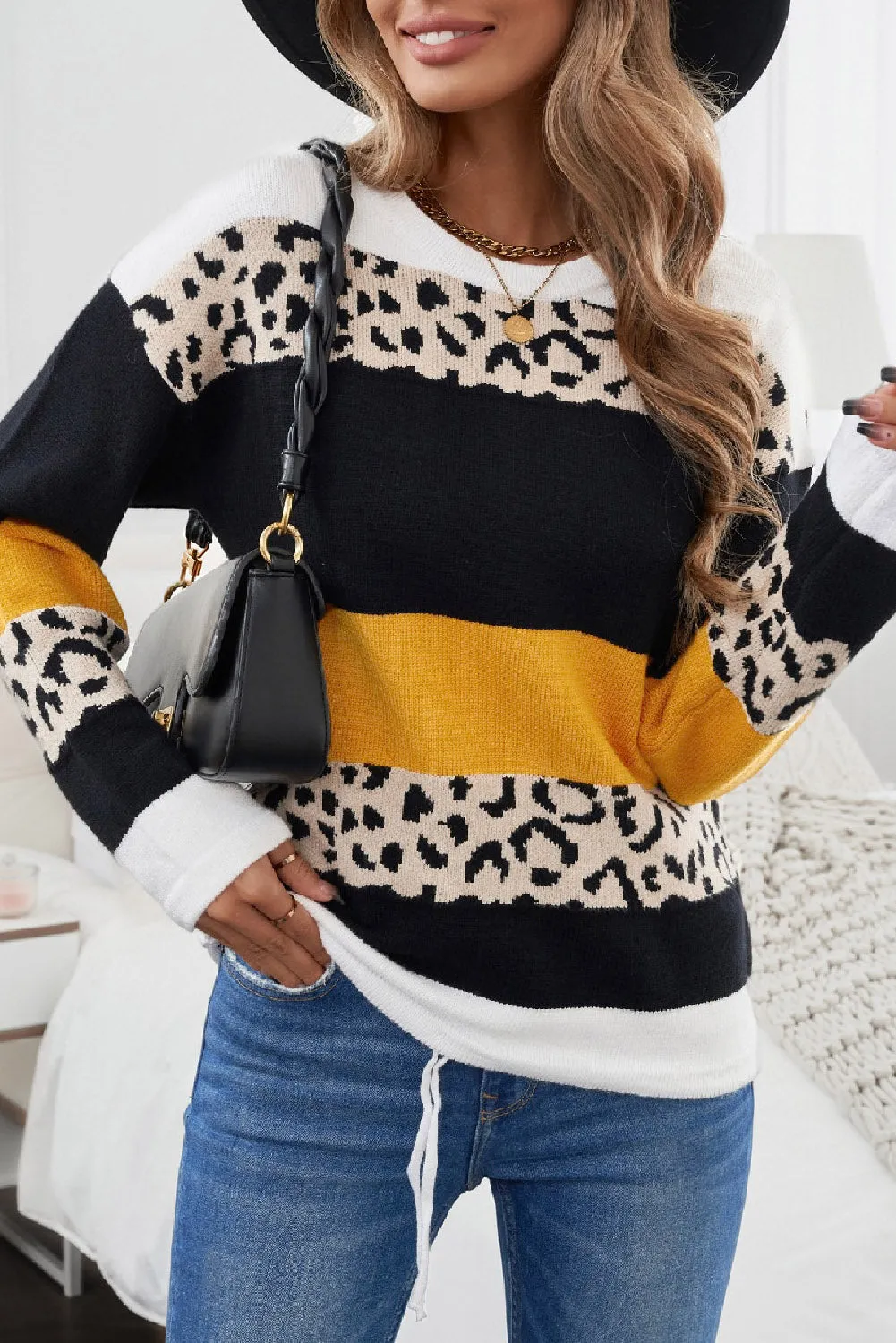 Green Crewneck Leopard Color Block Knit Pullover Sweater