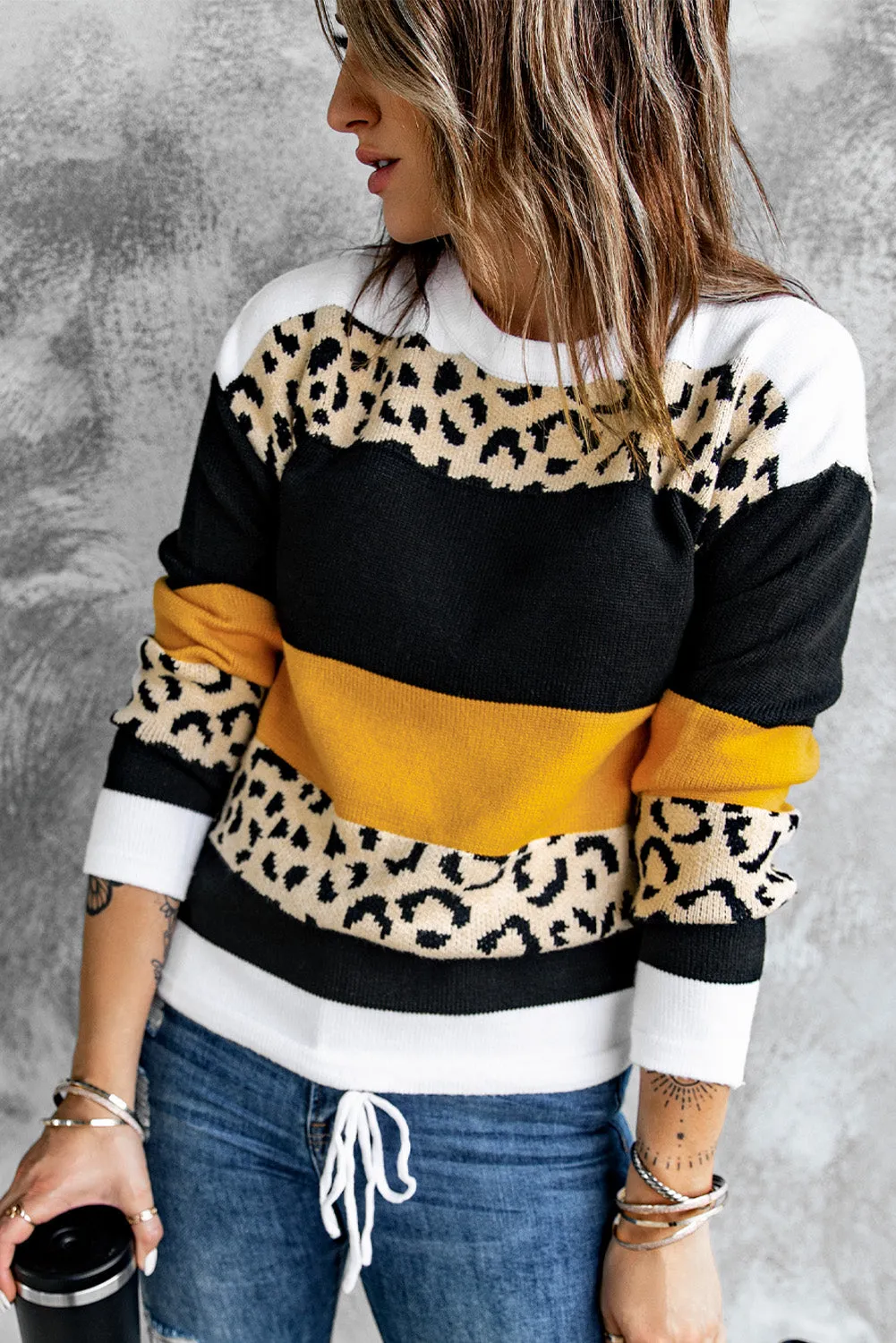Green Crewneck Leopard Color Block Knit Pullover Sweater