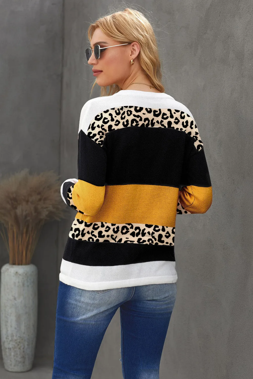 Green Crewneck Leopard Color Block Knit Pullover Sweater