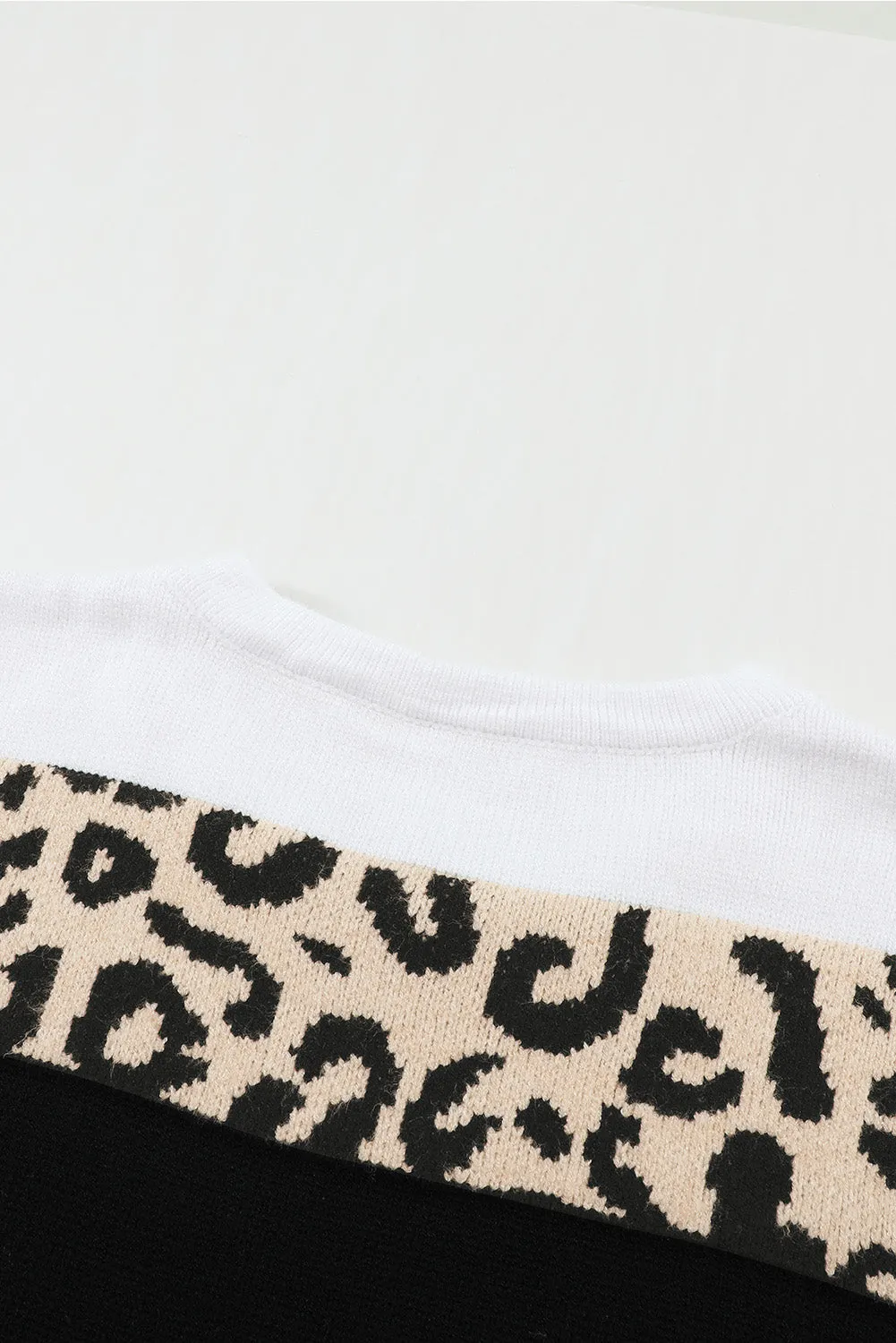 Green Crewneck Leopard Color Block Knit Pullover Sweater