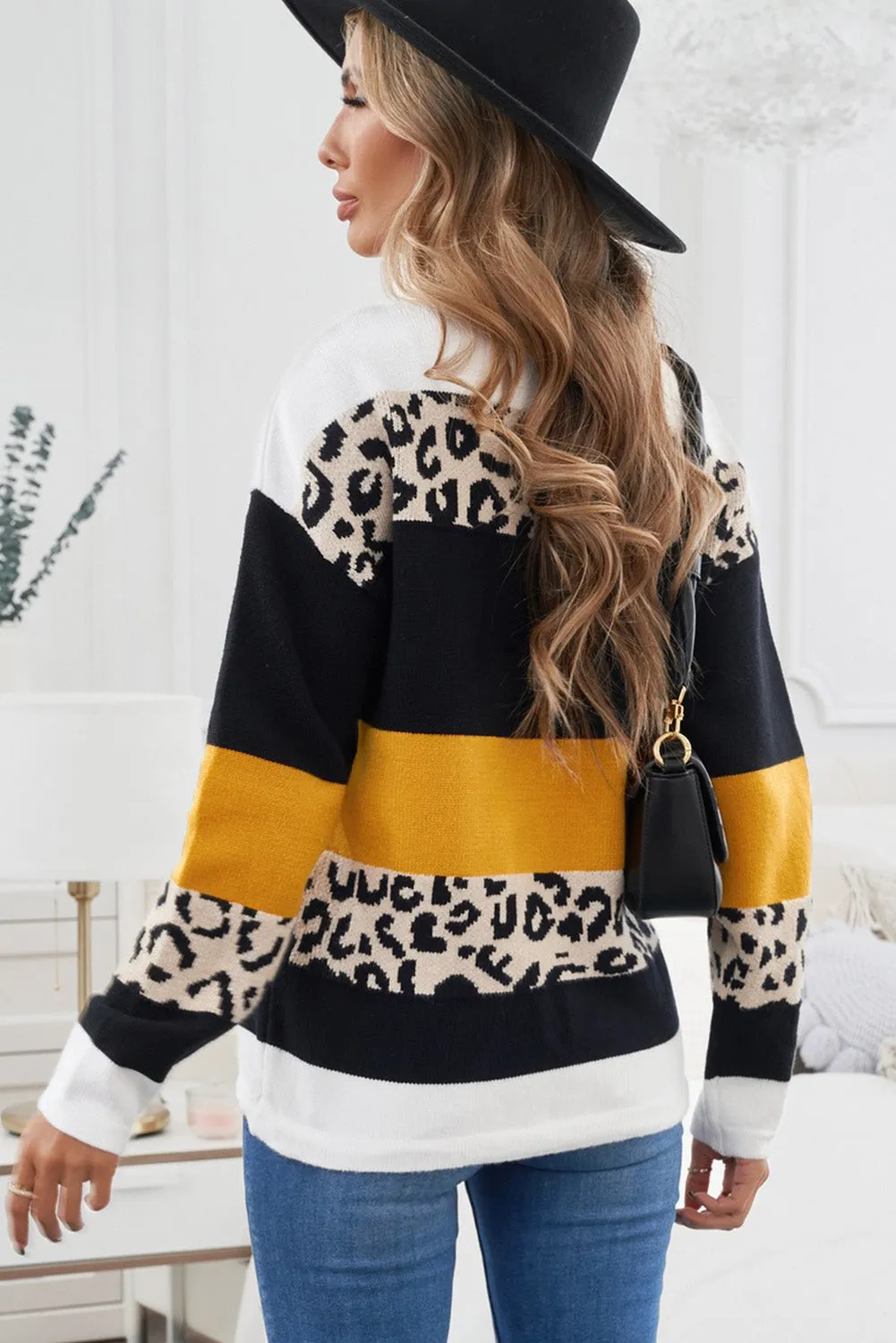 Green Crewneck Leopard Color Block Knit Pullover Sweater