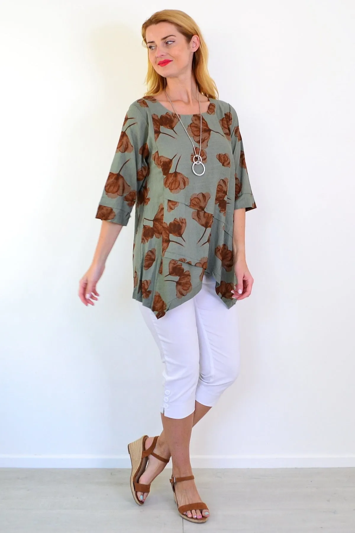 Khaki Brown Flower Linen Blend Tunic Top