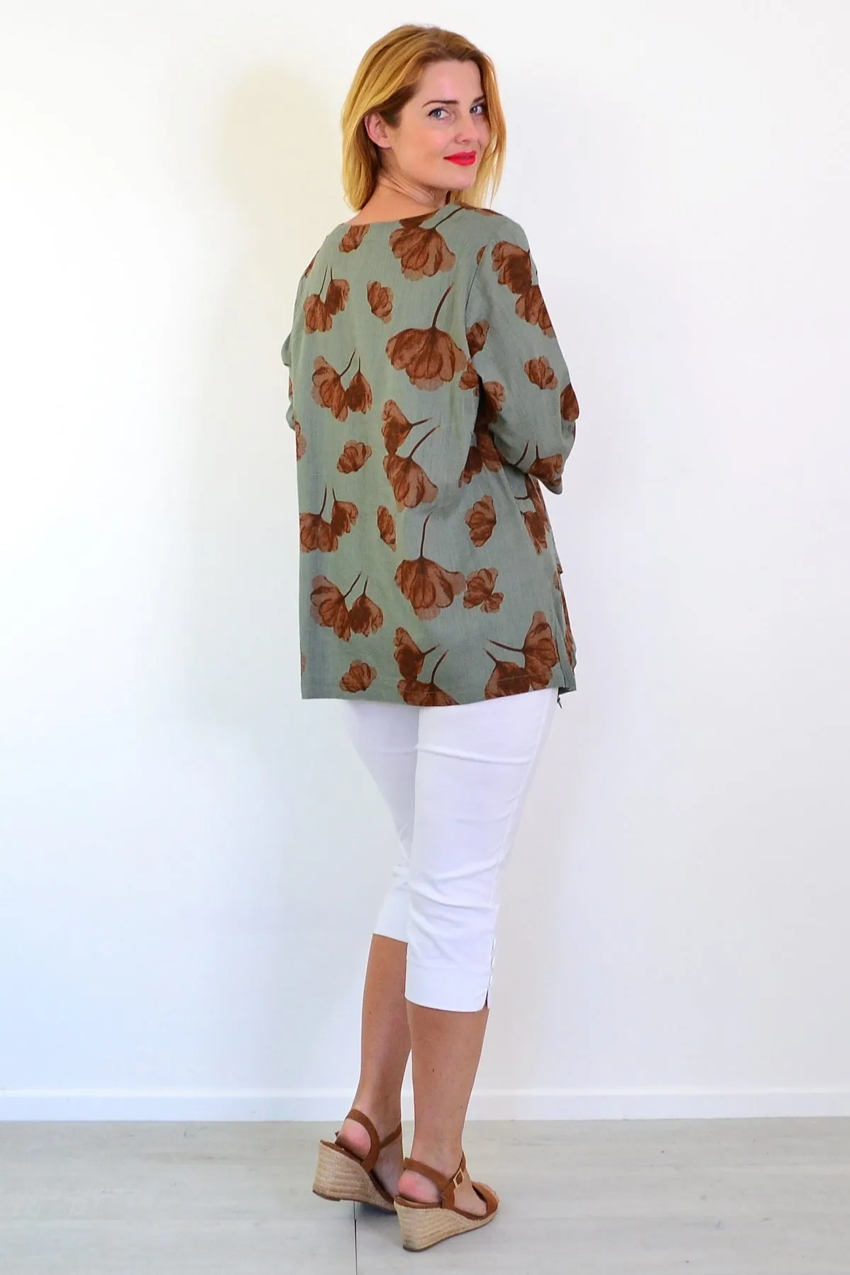 Khaki Brown Flower Linen Blend Tunic Top