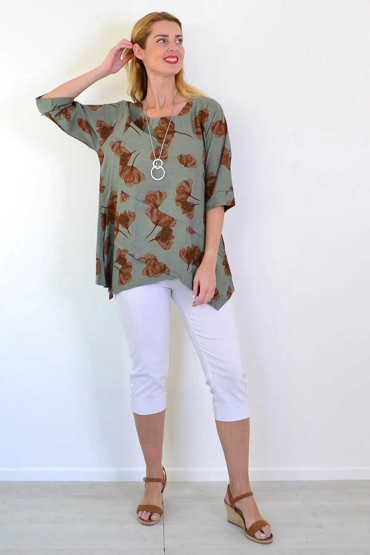 Khaki Brown Flower Linen Blend Tunic Top