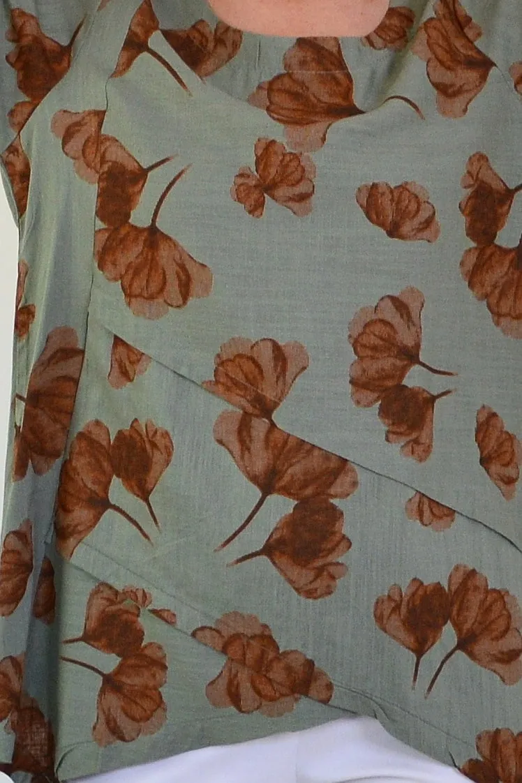 Khaki Brown Flower Linen Blend Tunic Top
