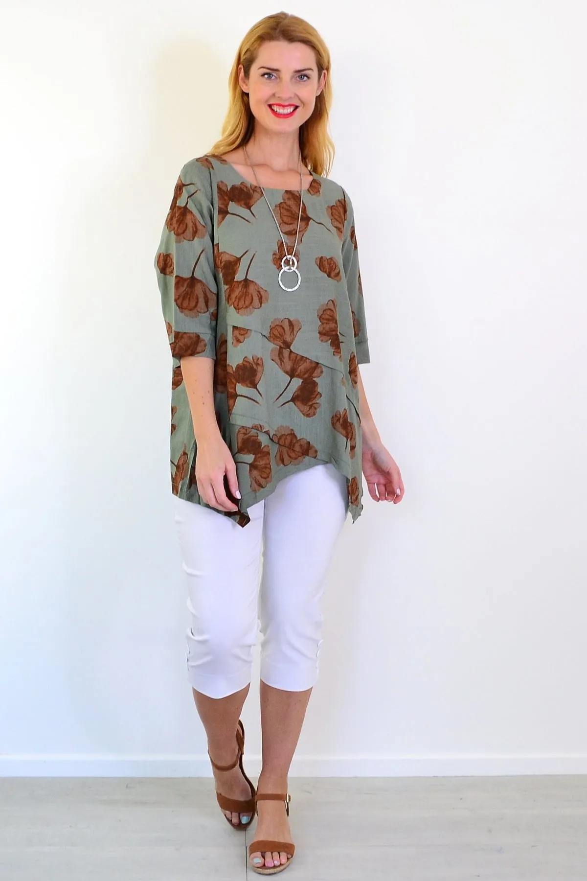 Khaki Brown Flower Linen Blend Tunic Top
