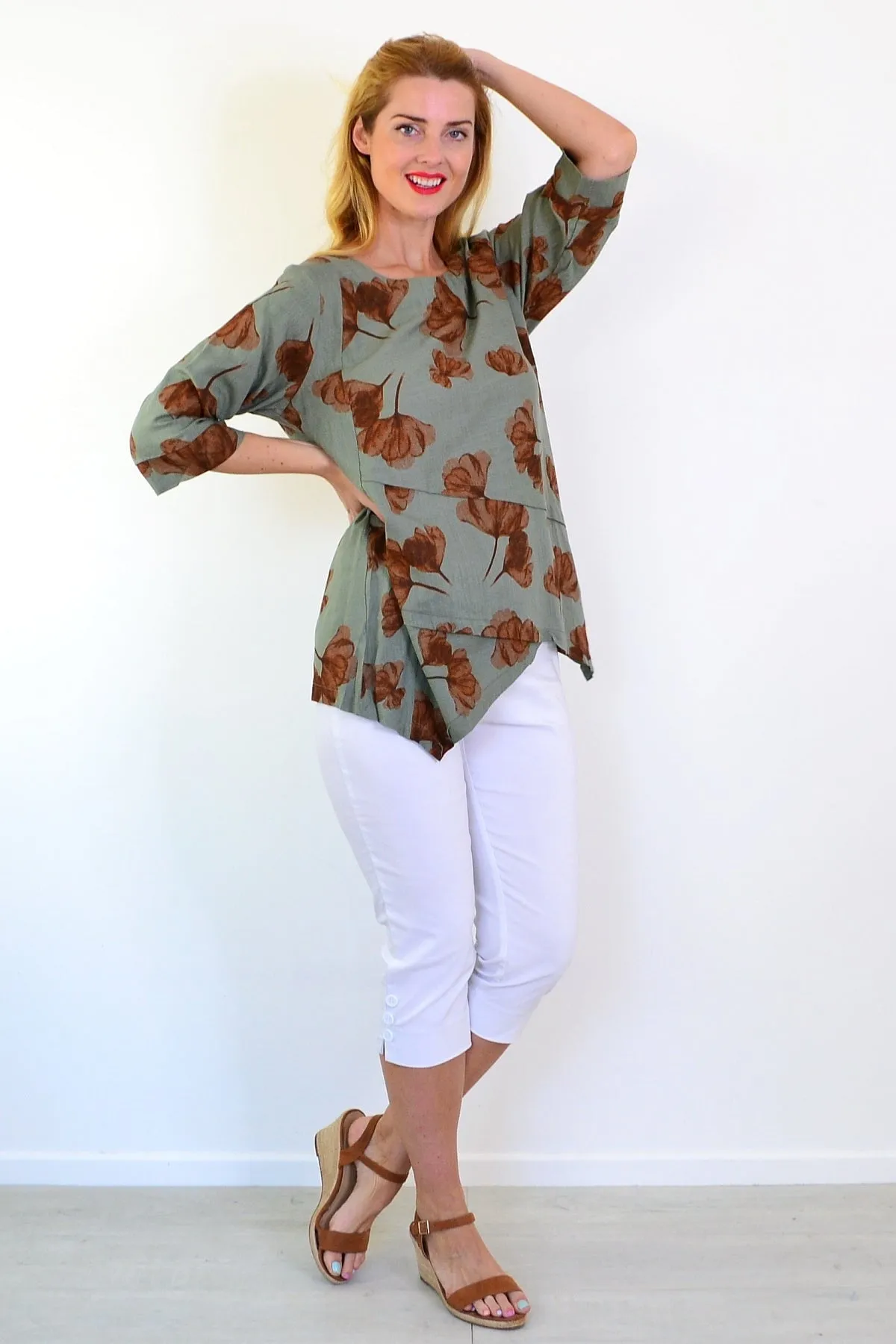 Khaki Brown Flower Linen Blend Tunic Top