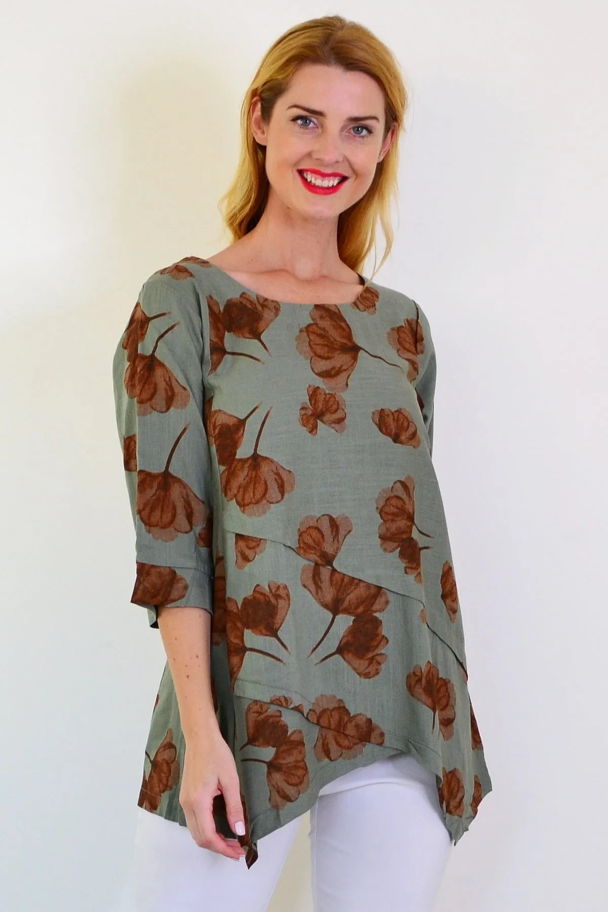 Khaki Brown Flower Linen Blend Tunic Top