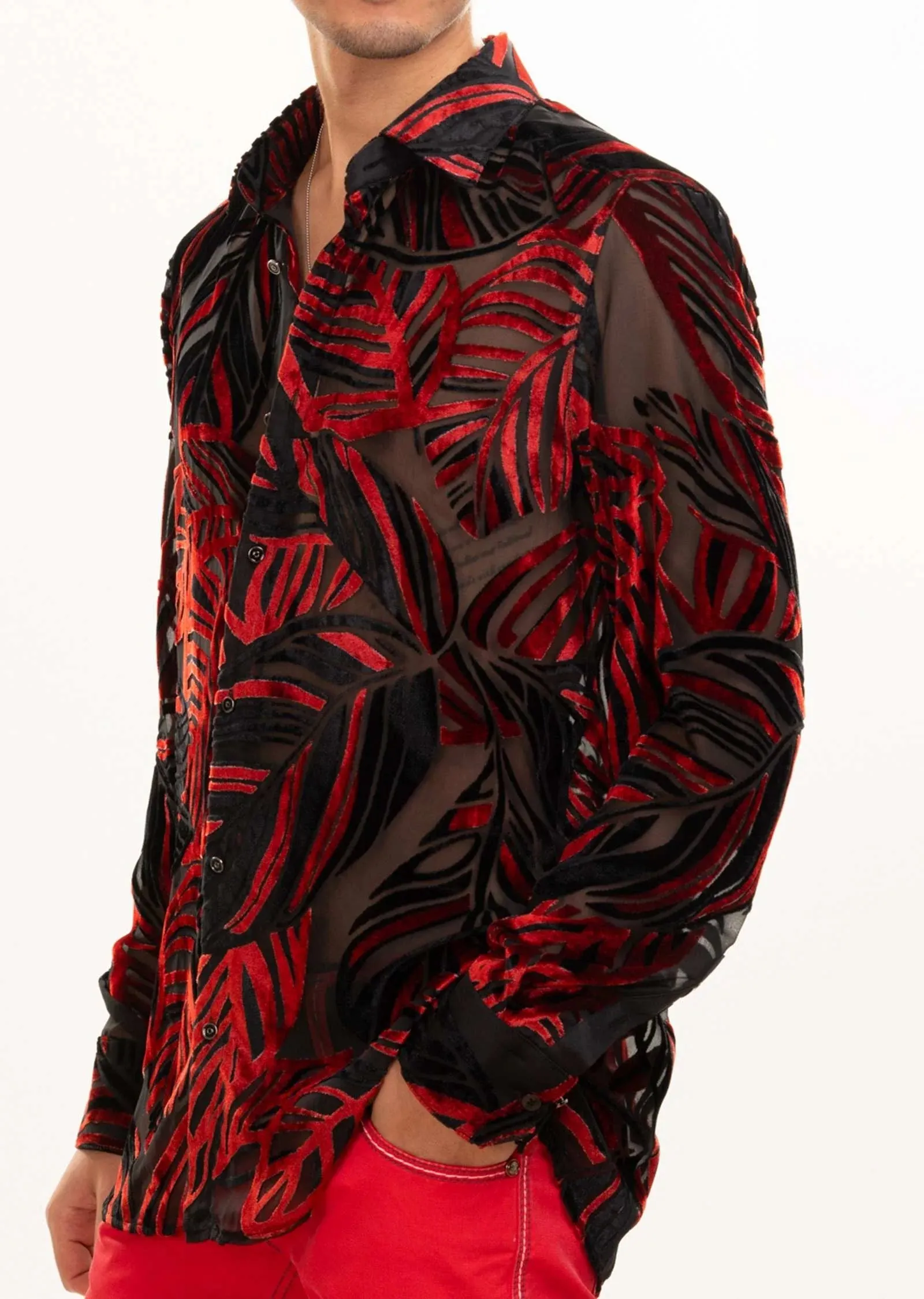 Mondo Limited Edition Red Palm Motif Sheer Velvet Shirt