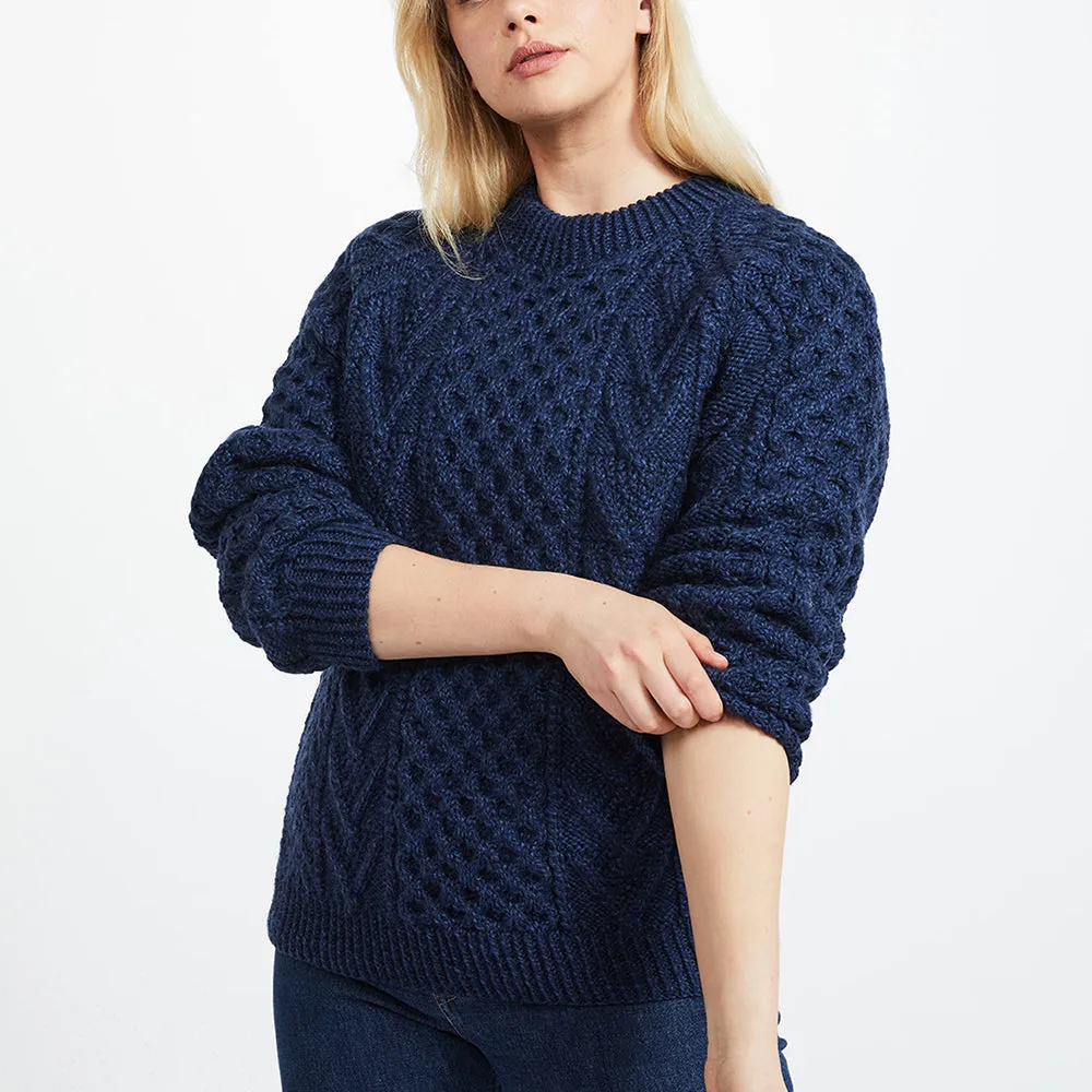 Navy Hand Knit Unisex Crew Neck Aran Sweater