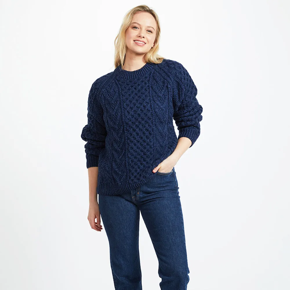 Navy Hand Knit Unisex Crew Neck Aran Sweater