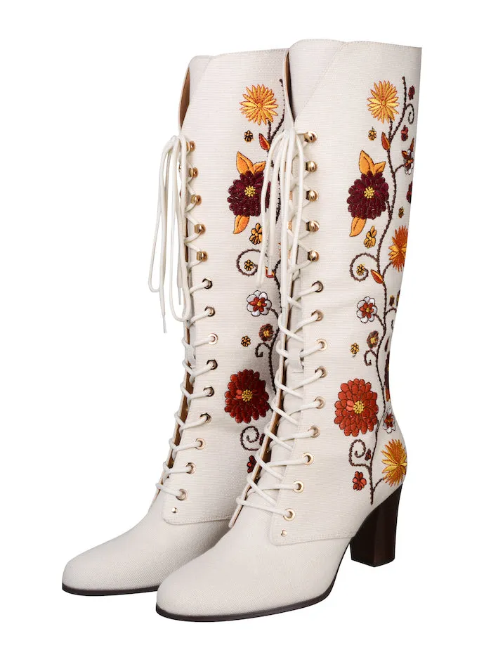 Penny Lane Cream Floral Embroidered Boots -SSA483 - UK8