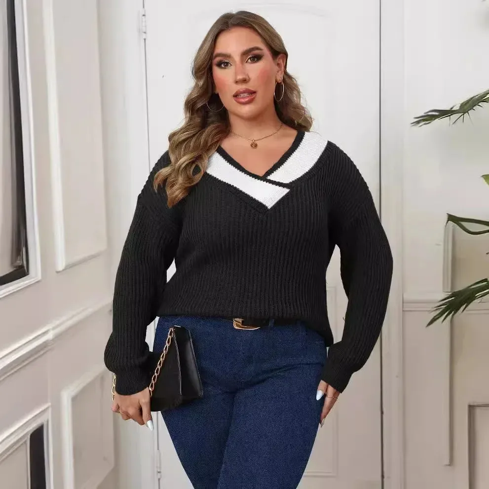 plus size women's clothing contrasting color splicing bottoming shirt large V-neck woven sweater pullover sweater women