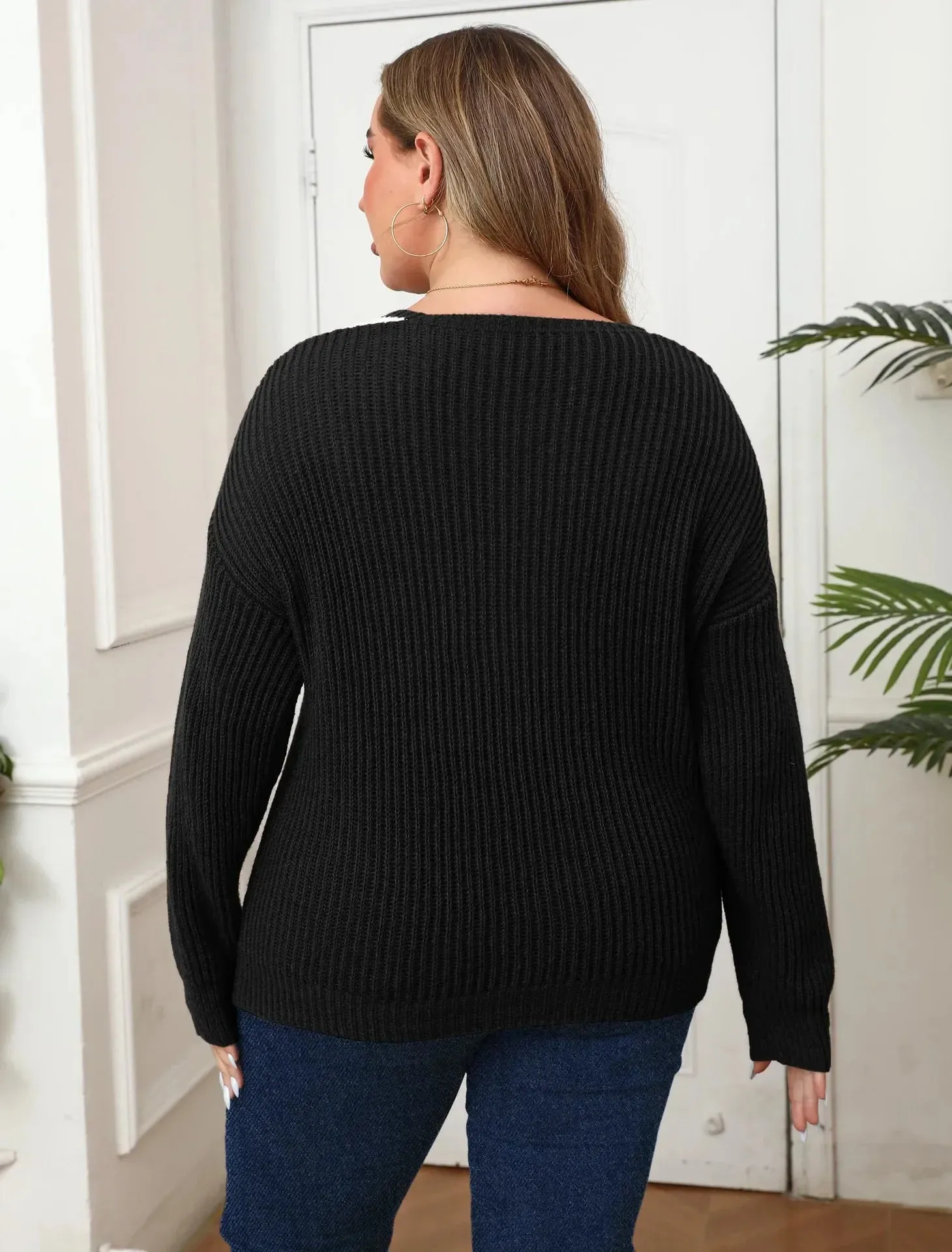 plus size women's clothing contrasting color splicing bottoming shirt large V-neck woven sweater pullover sweater women