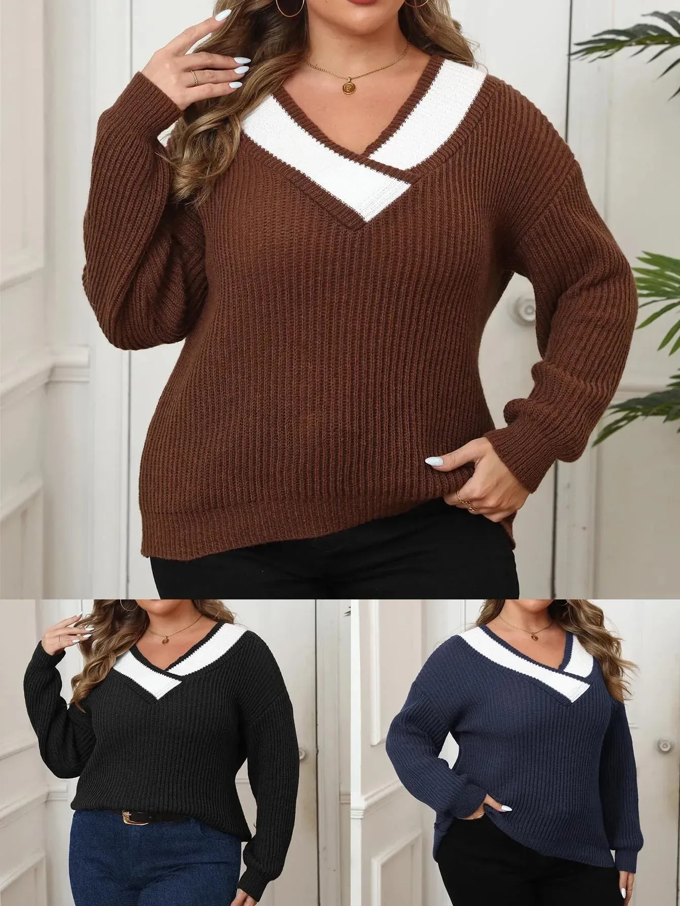plus size women's clothing contrasting color splicing bottoming shirt large V-neck woven sweater pullover sweater women